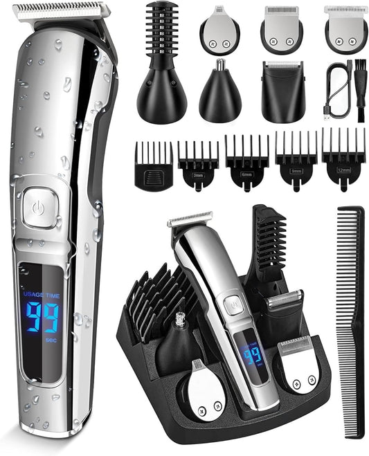 SKY-TOUCH 13 Pcs All-in-One Beard Trimmer & Hair Clipper: Mens Grooming Kit for Beard Face Nose Ear Hair Trimmer Rechargeable Cord/Cordless Haircutting Kit with Storage Base, Gifts for Men (Black)