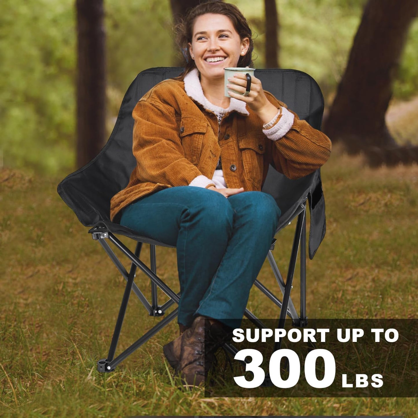 SKY-TOUCH Black Portable Folding Camping Chair with Fully Padded Seat and Backrest, Comes with Carry Bag and Side Pockets, Suitable for Outdoor Fishing, Hiking, Backpacking, Picnic, Beach, Traveling.