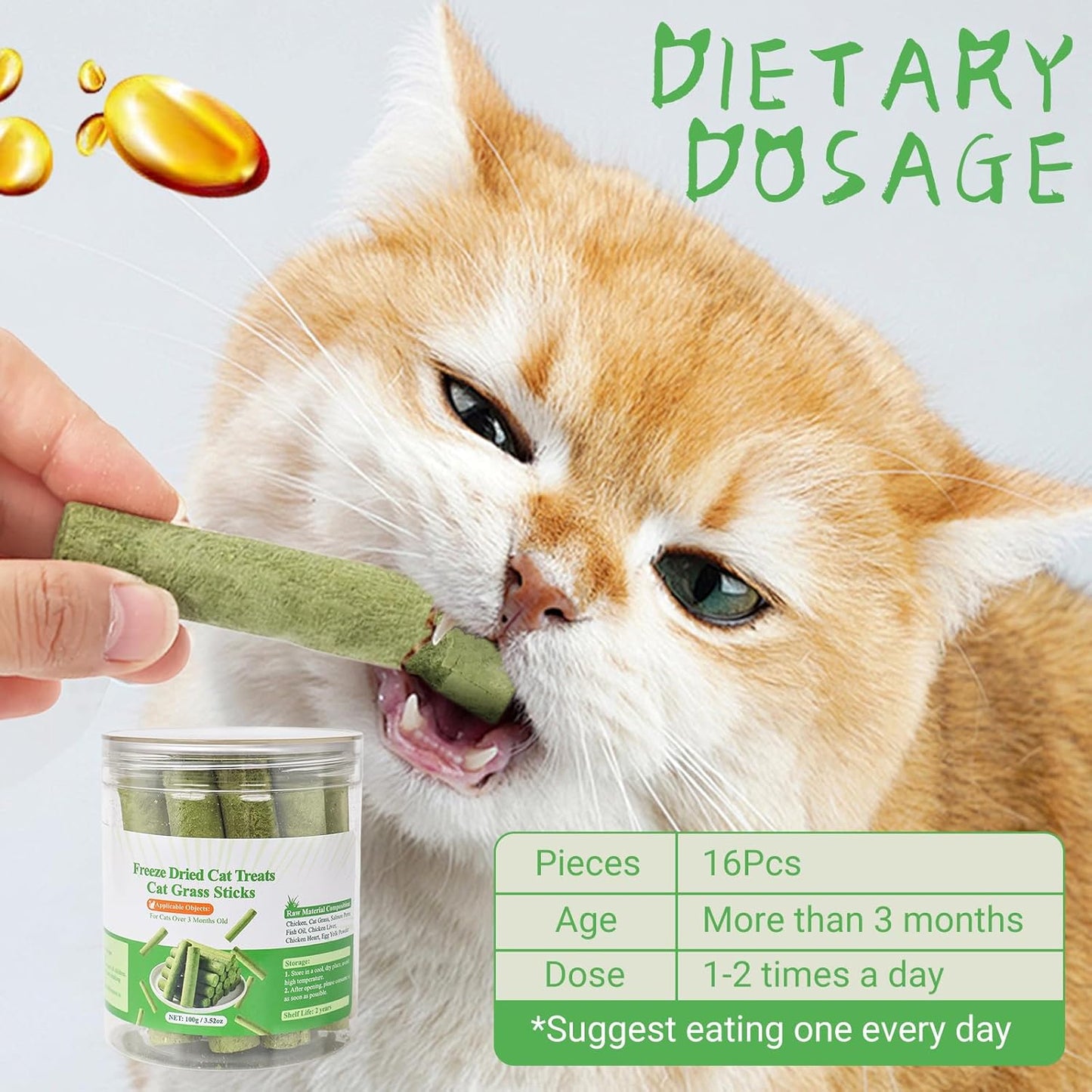 SKY-TOUCH 16 Pieces Cat Grass Treats for Cats, Edible Cat Chew Sticks Toys, Natural Dried Treats Snacks for Hairball Removal&Teeth Cleaning, Light Green - Increase Appetite,100g