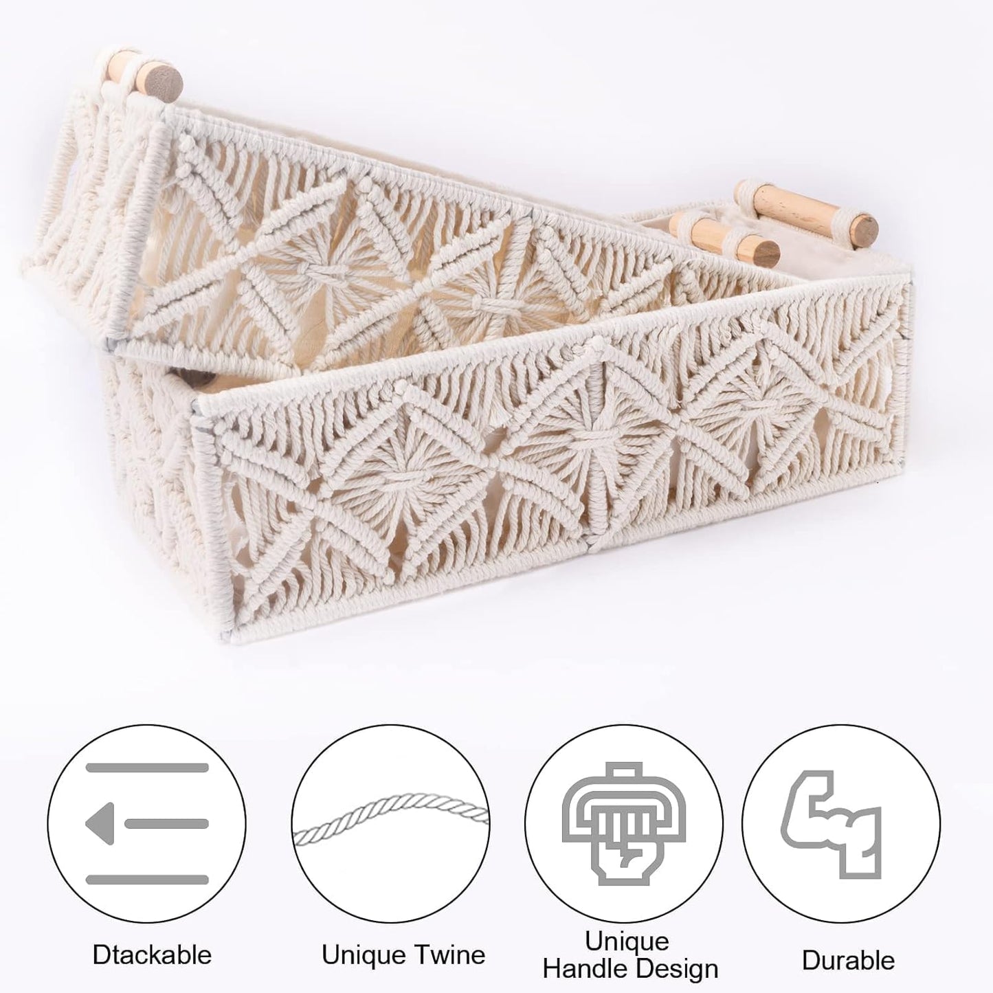 SKY-TOUCH Handwoven Macrame Storage Baskets,Woven Toilet Paper Basket with Handle for Bathroom Countertop, Storage Shelf for Bedroom, Living Room, Home (Ivory)