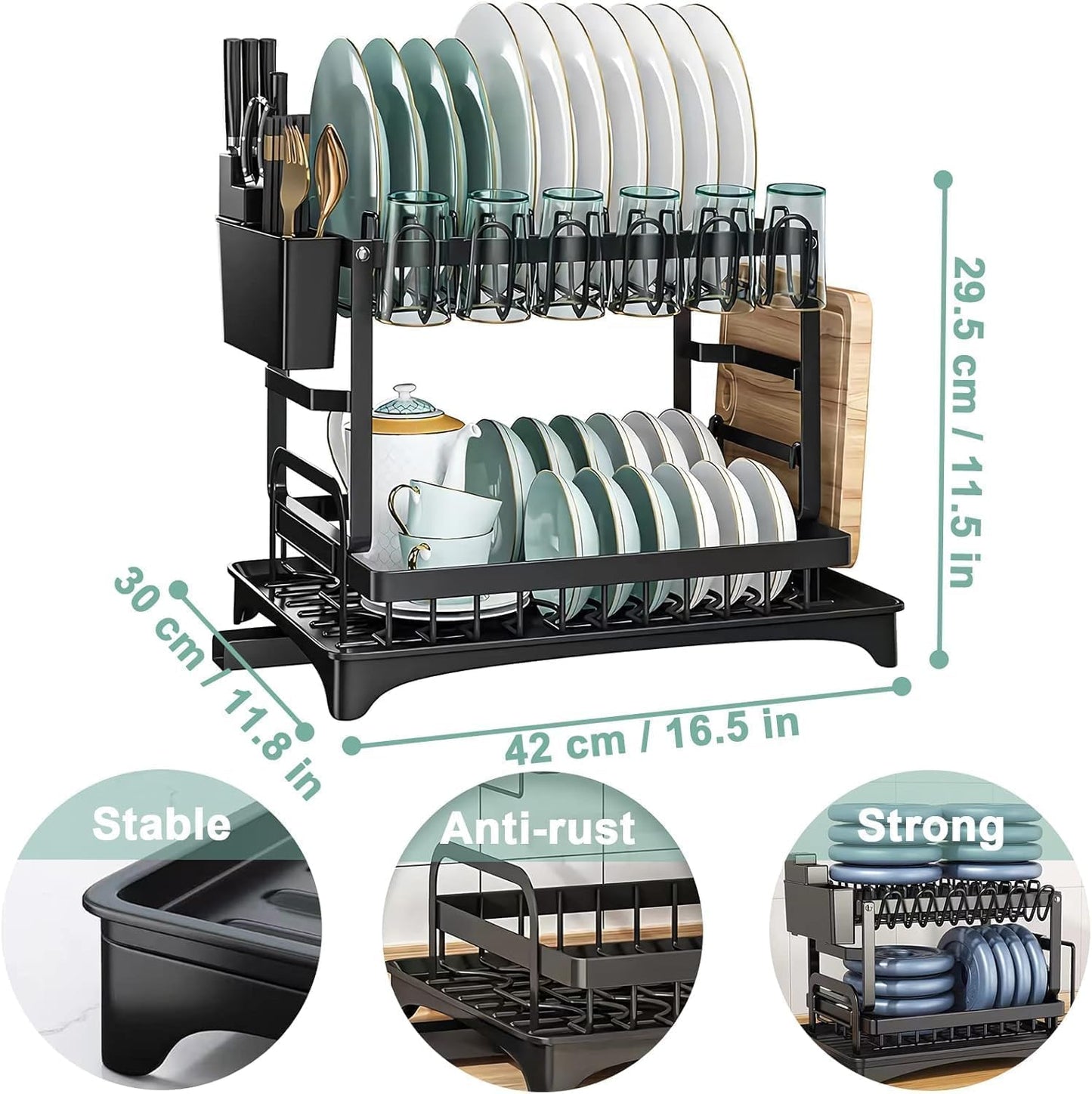 SKY-TOUCH 2-Tier Dish Drying Rack – Save Space Dish Rack with Utensil Holder, Cutting Board Holder & Drainboard Tray | Large Capacity, Rustproof Kitchen Drainer,42 * 30 * 29cm,Black
