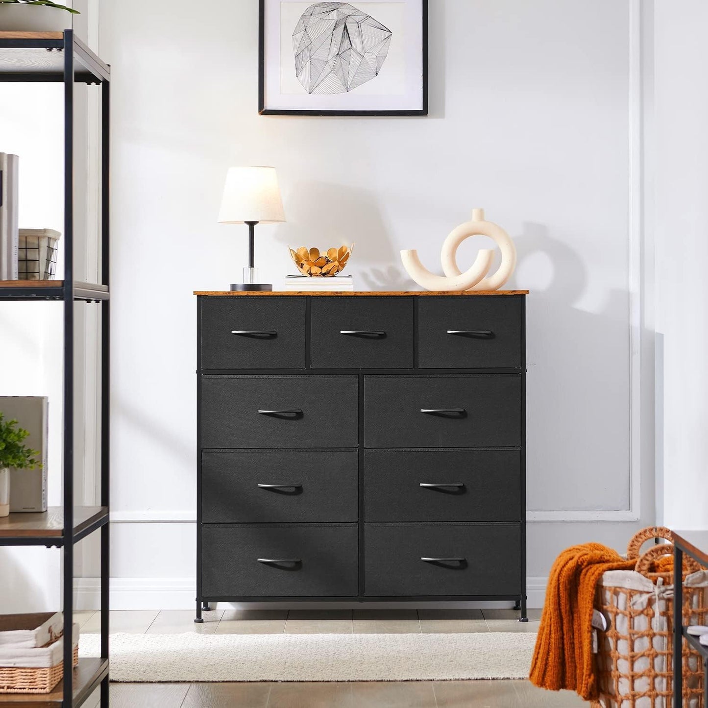 SKY-TOUCH Storage Cabinet : Bedroom Dresser with 9 Drawers Wide Storage Chest with Removable Fabric Bins Storage Organizer Unit for Living Room Entryway Hallway Nursery Kids Room (100*30*96CM Black/White)
