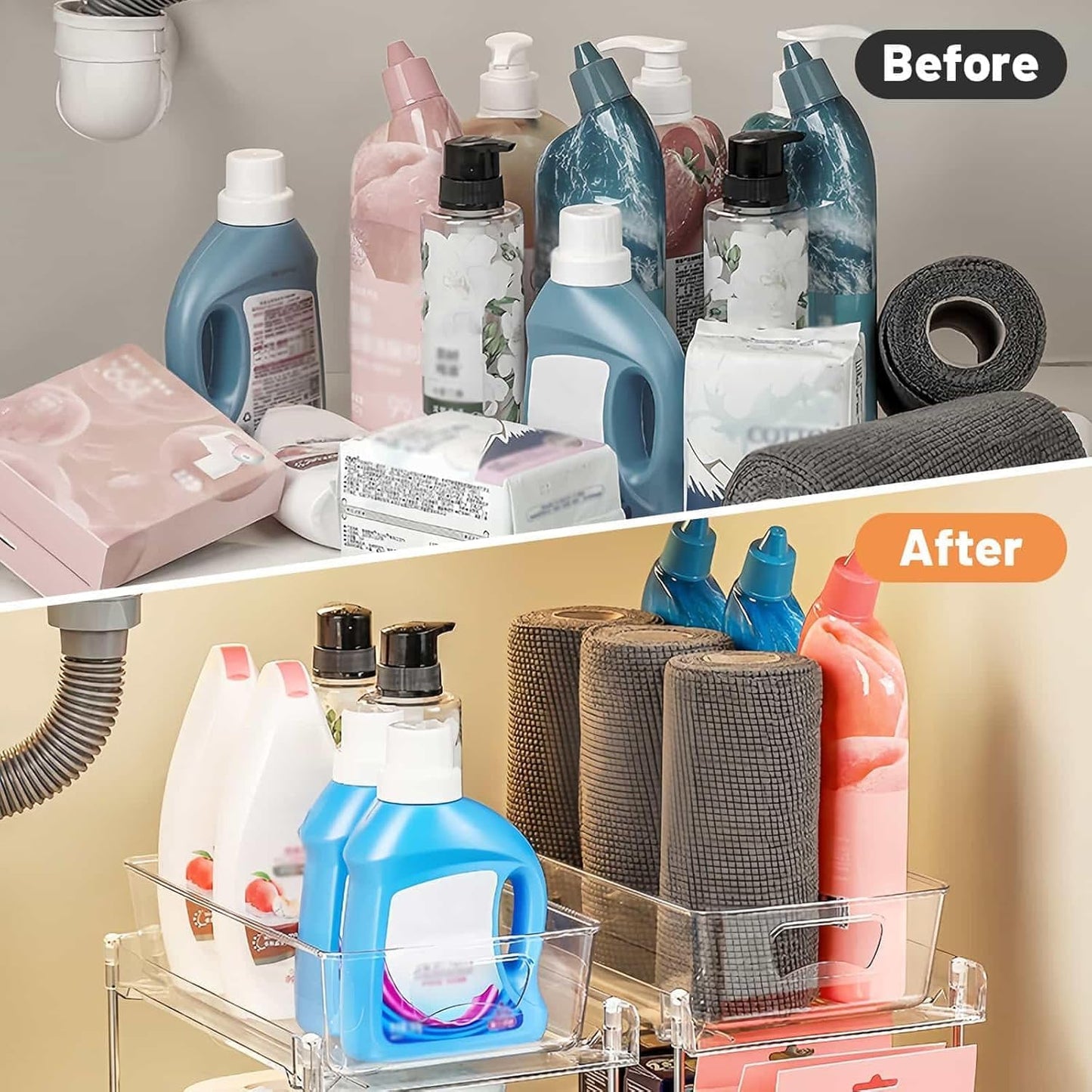 SKY-TOUCH 2 PACK Pull-Out Kitchen and Bathroom Storage Organizer, 2 Tier Clear Under Sink Organizers Vanity Counter Storage Container, Pull-Out Organization with Track for Pantry, Kitchen