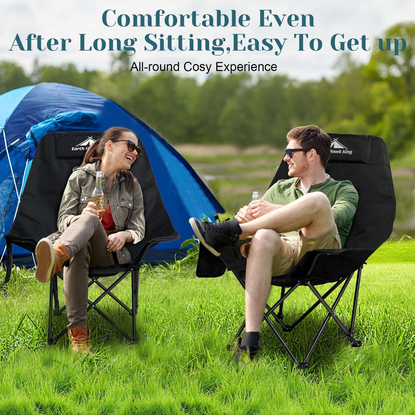 SKY-TOUCH Black Portable Folding Camping Chair with Fully Padded Seat and Backrest, Comes with Carry Bag and Side Pockets, Suitable for Outdoor Fishing, Hiking, Backpacking, Picnic, Beach, Traveling.