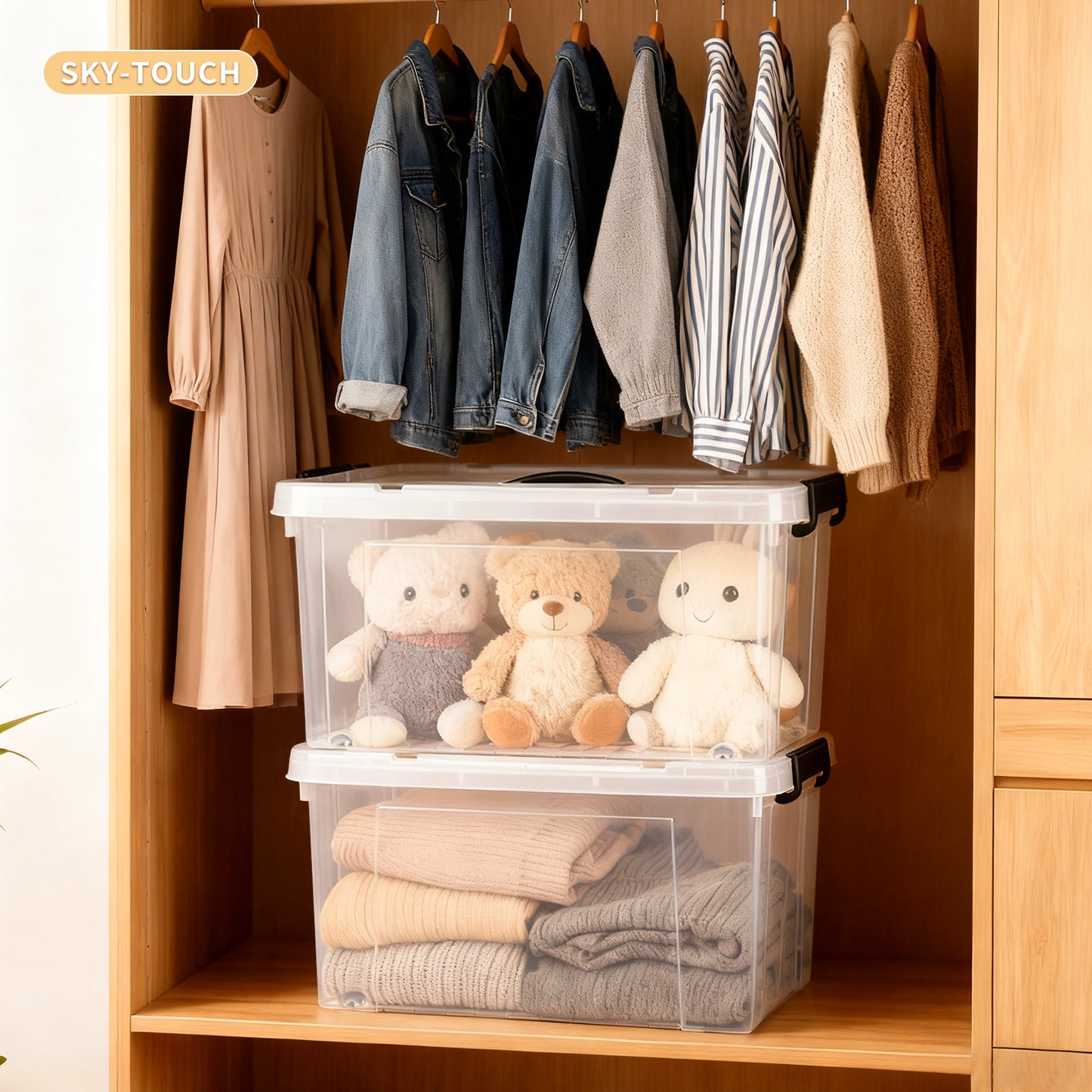 SKY-TOUCH 47L Clear Plastic Storage Box with Lid and Wheels,Stackable Organizer Bin with Handles,Design for Easy Mobility,Ideal for Clothes,Closet Storage,Home Storage Organization,48x28x35cm,1 pack