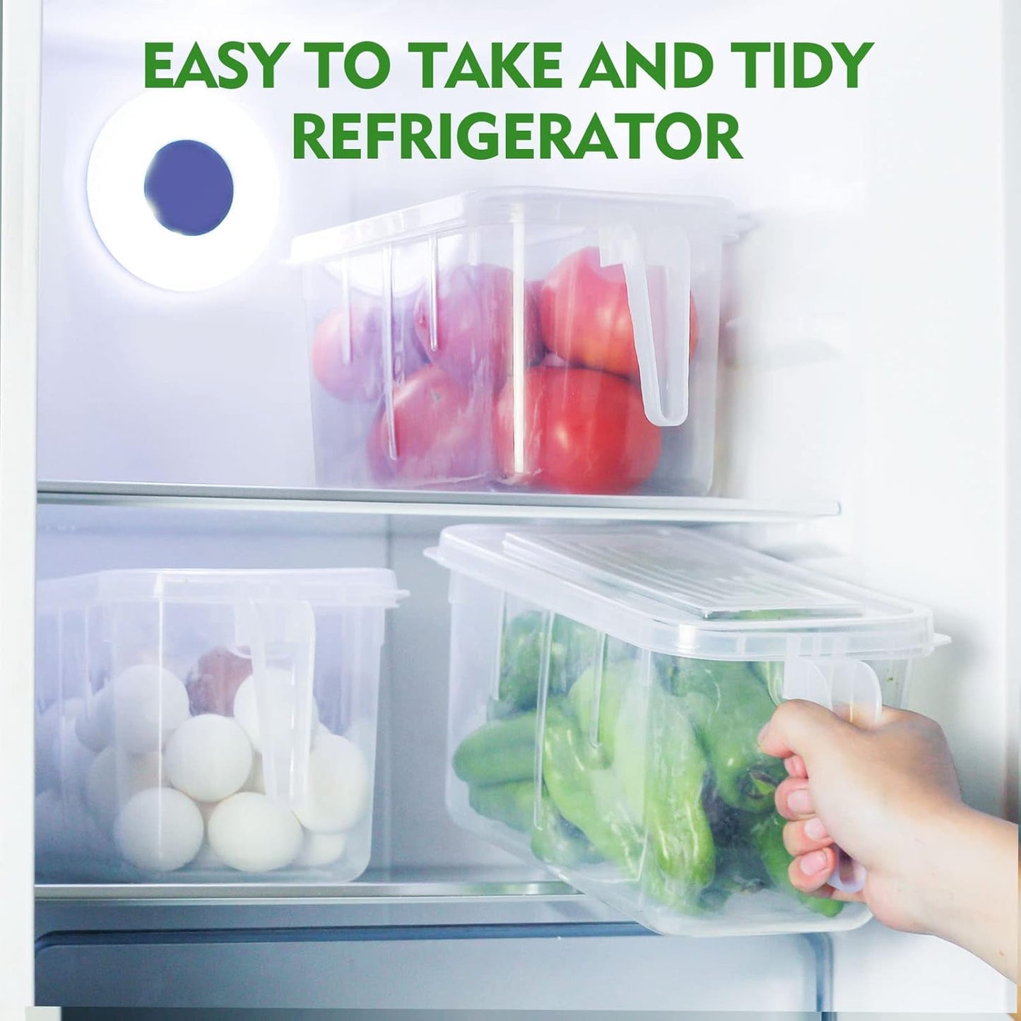 SKY-TOUCH 3 Pieces Refrigerator Organizer, Stackable Plastic Kitchen Food Storage Containers with Lids and Handle for Fruits and Vegetables, Freezer Safe Food Storage Boxes, Transparent