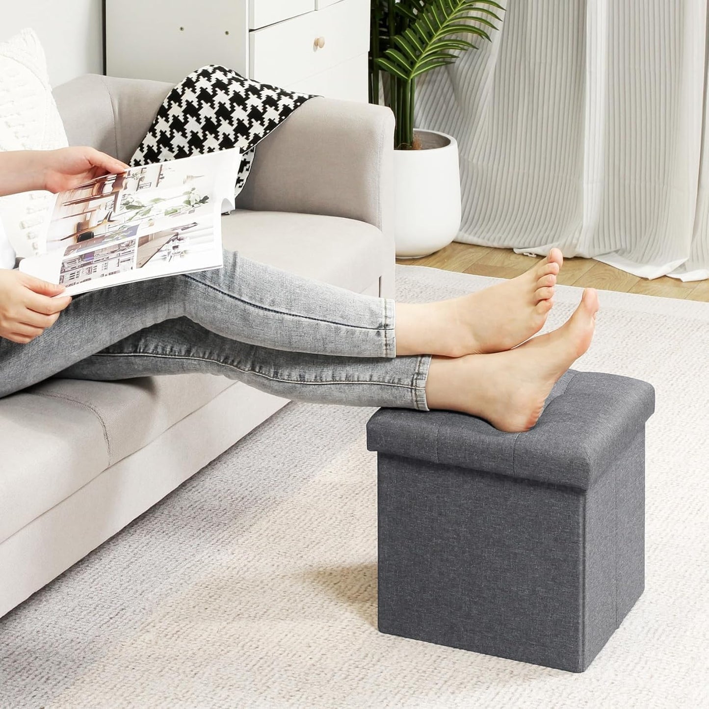 SKY-TOUCH Ottoman Seat,Fabric Folding Storage Footstool Storage Box,(Capacity 150KG) Padded Seat for Bedroom, Hallway, Living Room,Light Grey,38 * 38 * 38cm