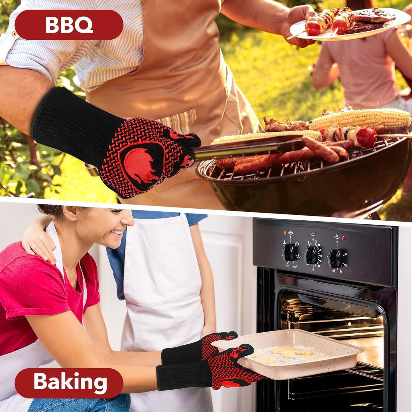 SKY-TOUCH 1 Pair Oven Gloves, Grill Gloves with Long Cuff, Heat Resistant up to 800 °C,Durable Silicone Grill Gloves for Barbecue Baking Grilling,Fireproof, Non-Slip, Heat Protection, Classic Red