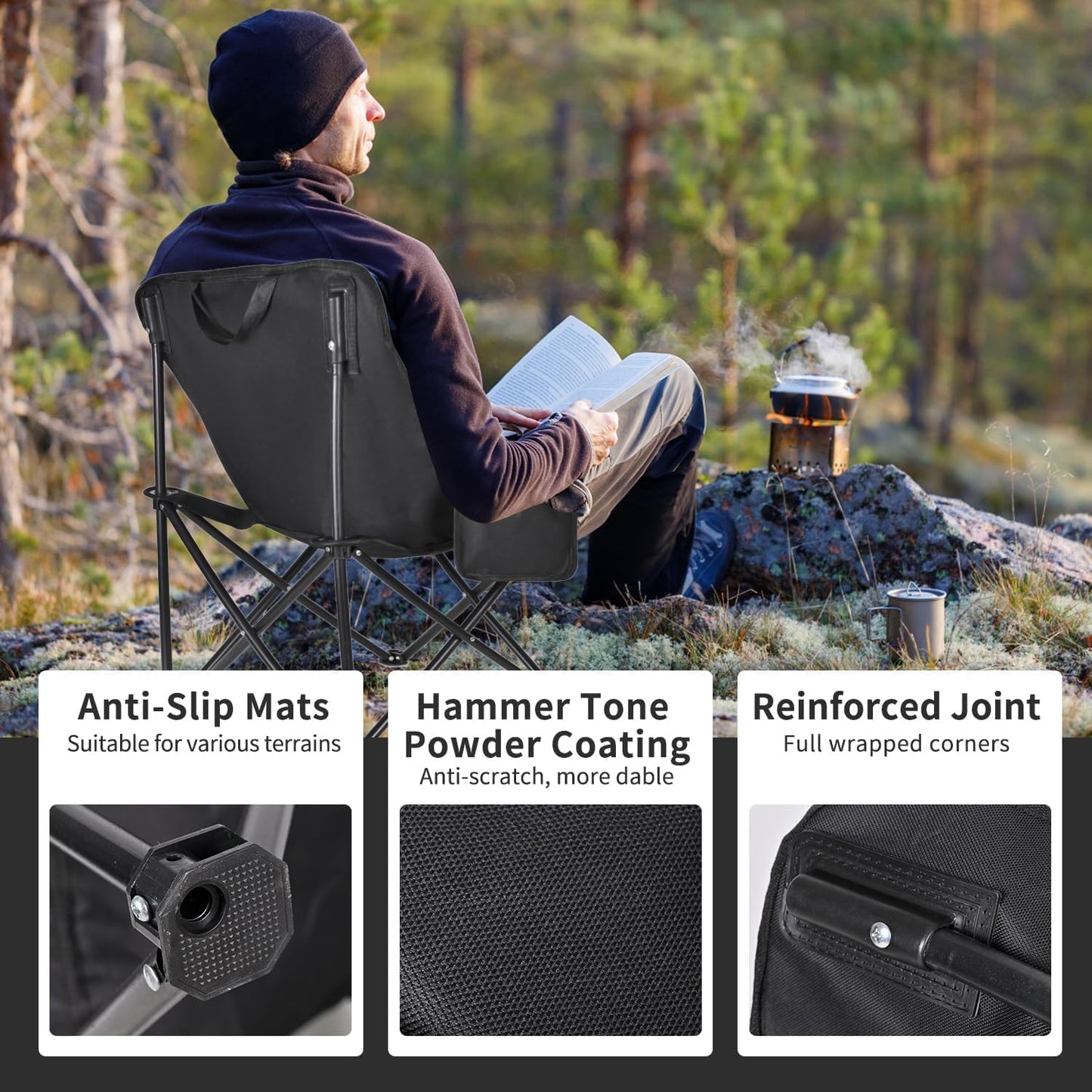 SKY-TOUCH Black Portable Folding Camping Chair with Fully Padded Seat and Backrest, Comes with Carry Bag and Side Pockets, Suitable for Outdoor Fishing, Hiking, Backpacking, Picnic, Beach, Traveling.