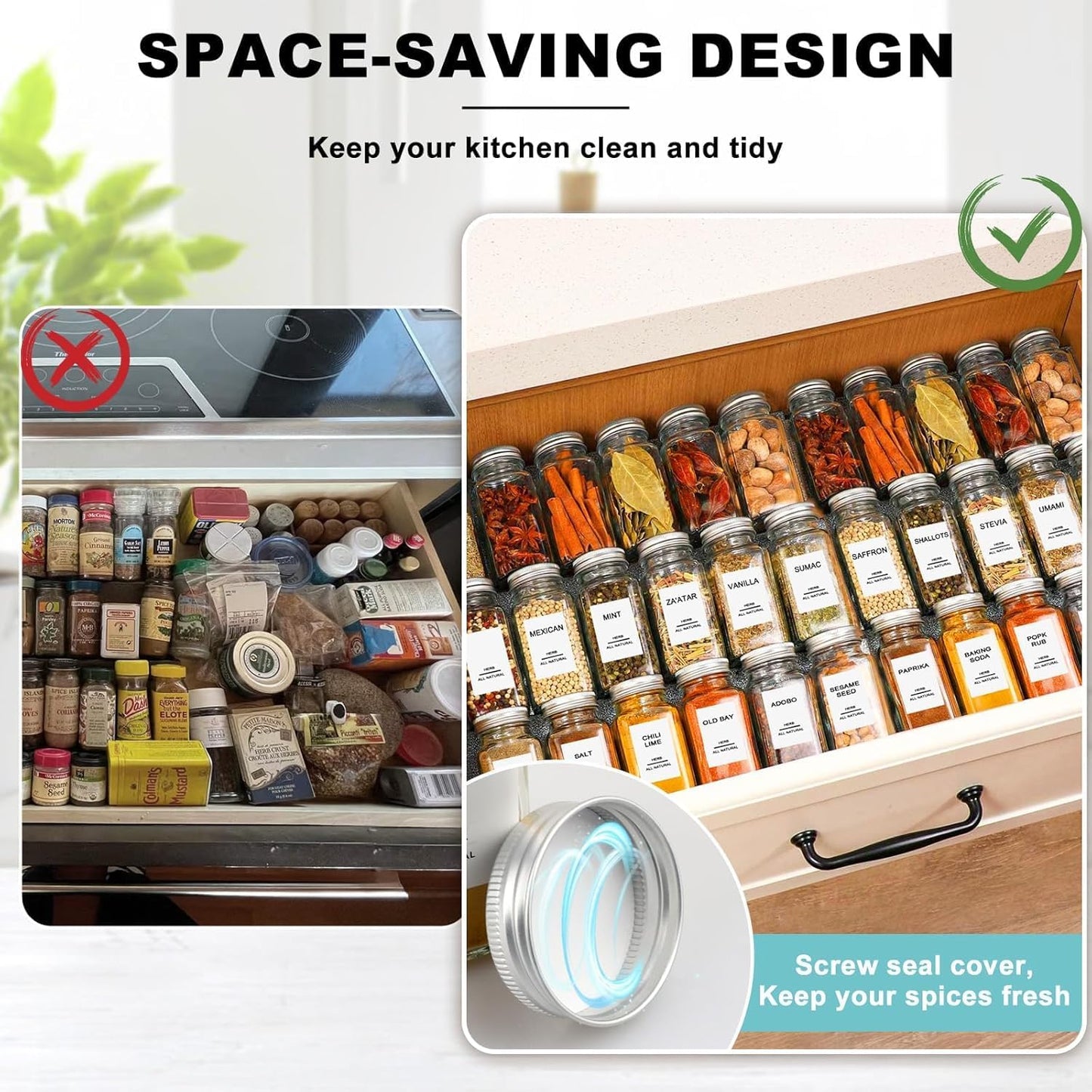 SKY-TOUCH 24 pack Glass Spice Jars with Shaker Lids,Seal Seasoning Jars with Labels for Kitchen,Spice,Cabinet, Drawer,120ml Glass,with Collapsible Funnel and Mark pen