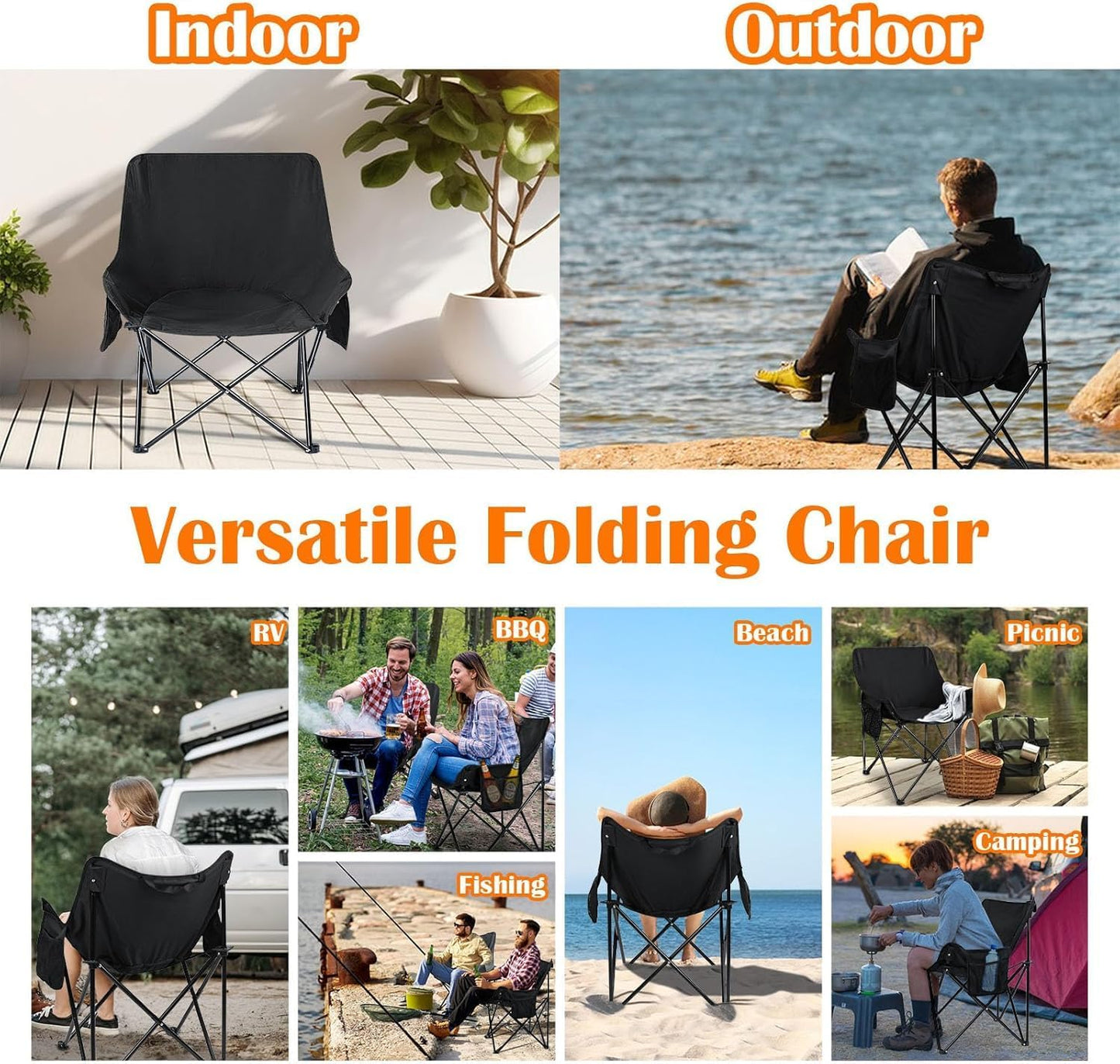 SKY-TOUCH Black Portable Folding Camping Chair with Fully Padded Seat and Backrest, Comes with Carry Bag and Side Pockets, Suitable for Outdoor Fishing, Hiking, Backpacking, Picnic, Beach, Traveling.