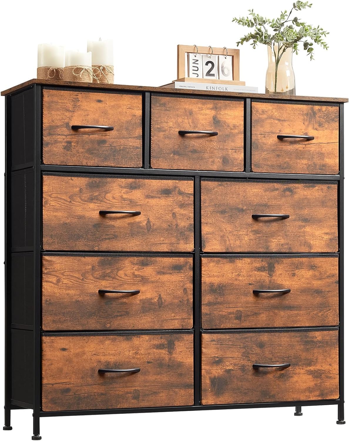 SKY-TOUCH Storage Cabinet : Bedroom Dresser with 9 Drawers Wide Storage Chest with Removable Fabric Bins Storage Organizer Unit for Living Room Entryway Hallway Nursery Kids Room (100*30*96CM Black/White)