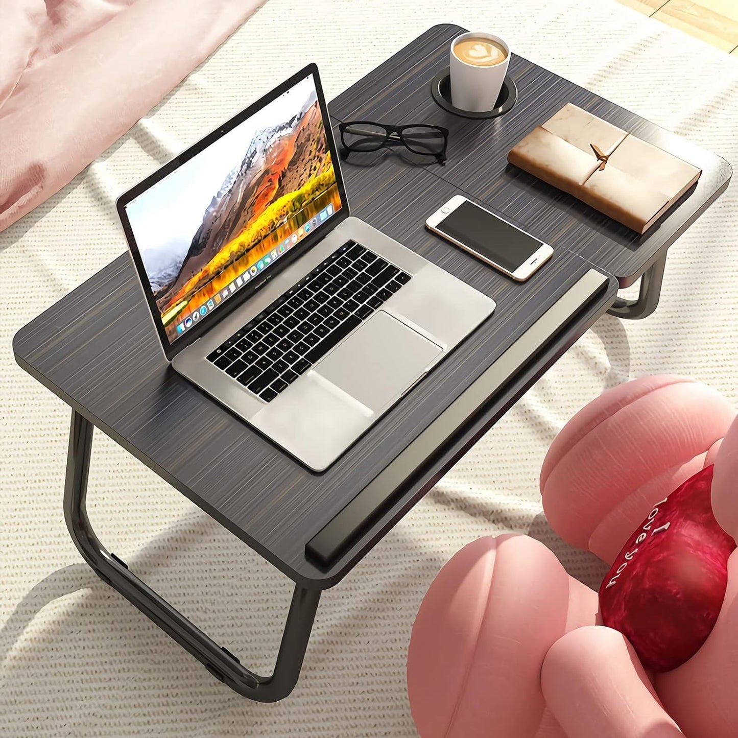 SKY-TOUCH Foldable Laptop Desk for Bed Couch, Adjustable Height Tilt Portable Laptop Stand for Desk, Small Lap Desk, Non-slip Table for Computer and Writing, PC Tray Table with Cup Holder for Sofa