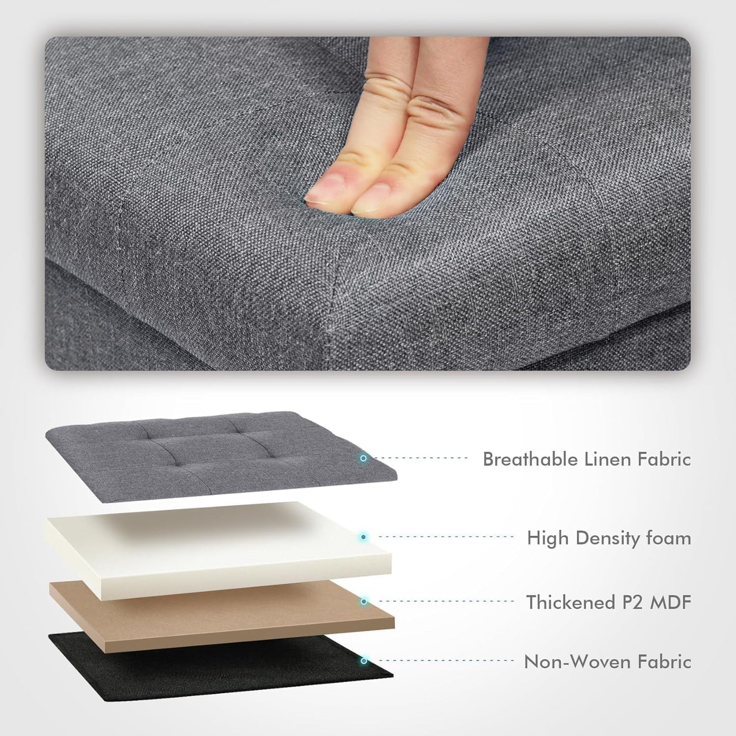 SKY-TOUCH Ottoman Seat,Fabric Folding Storage Footstool Storage Box,(Capacity 150KG) Padded Seat for Bedroom, Hallway, Living Room,Light Grey,38 * 38 * 38cm