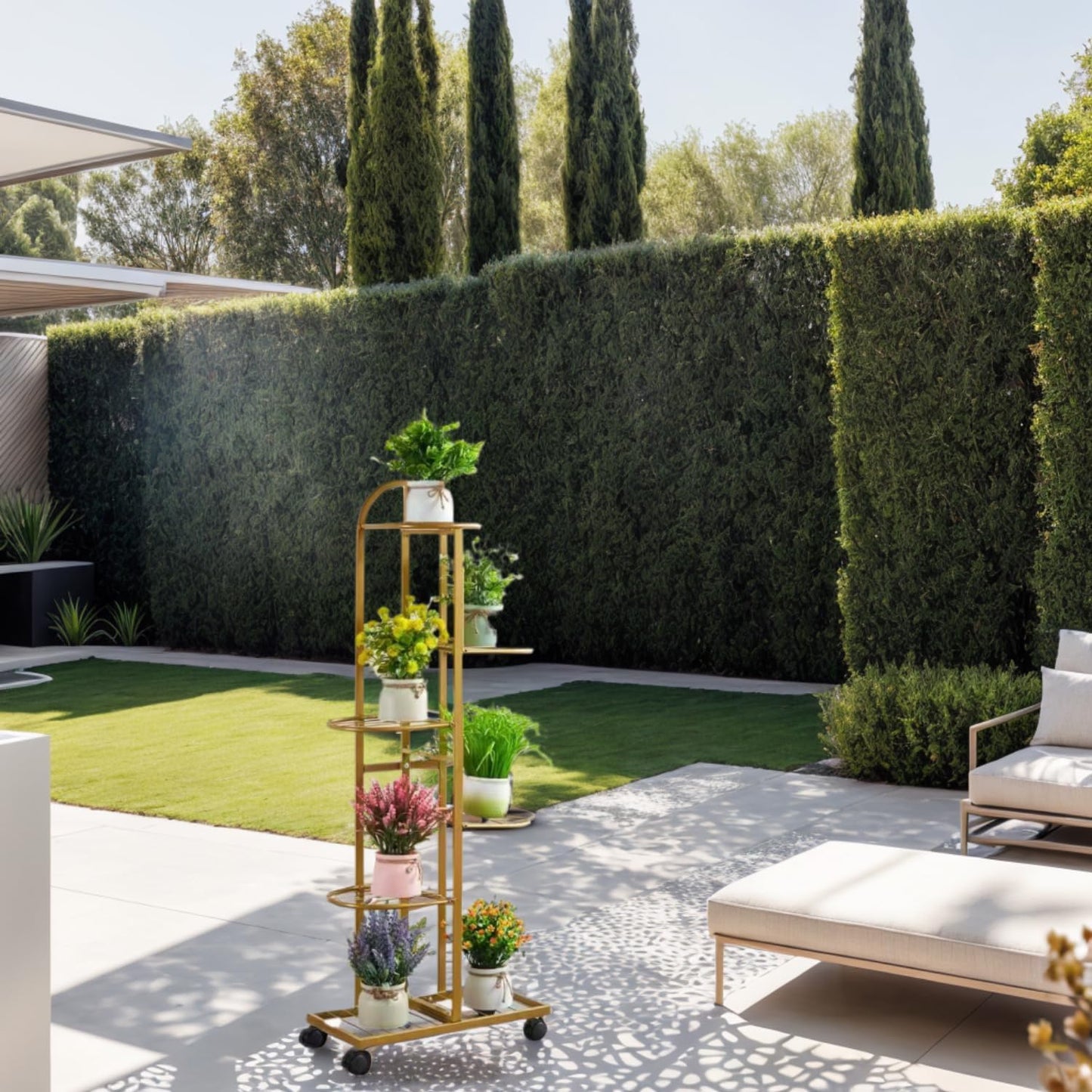 SKY-TOUCH 6-Tier Metal Plant Stand with Movable wheels – Tall 118cm Flower Shelf, Indoor/Outdoor Plant Organizer & Display Rack for Garden, Patio, or Living Room, Golden,47*118cm