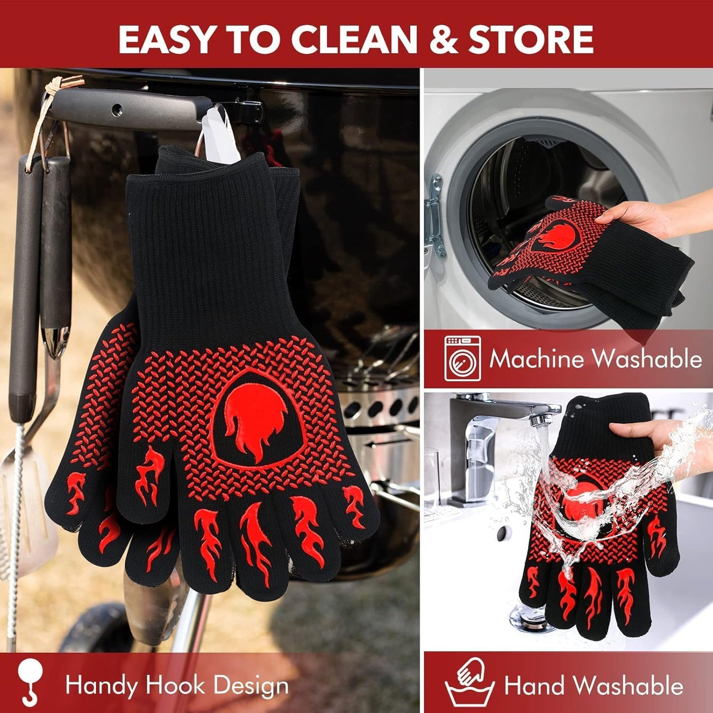 SKY-TOUCH 1 Pair Oven Gloves, Grill Gloves with Long Cuff, Heat Resistant up to 800 °C,Durable Silicone Grill Gloves for Barbecue Baking Grilling,Fireproof, Non-Slip, Heat Protection, Classic Red