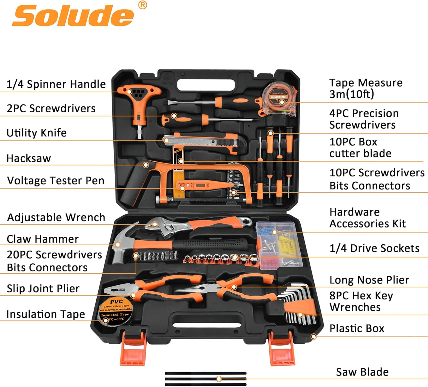 SKY-TOUCH 82 pcs Tool Set,General Household Hand Tool Kit,Hand Tool Sets with Solid Carrying Tool Box Carbon Steel Hardware for Daily Home Repair