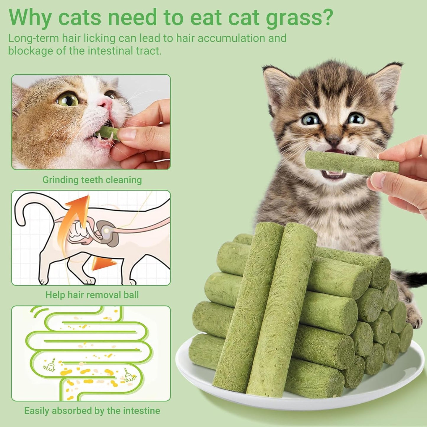 SKY-TOUCH 16 Pieces Cat Grass Treats for Cats, Edible Cat Chew Sticks Toys, Natural Dried Treats Snacks for Hairball Removal&Teeth Cleaning, Light Green - Increase Appetite,100g