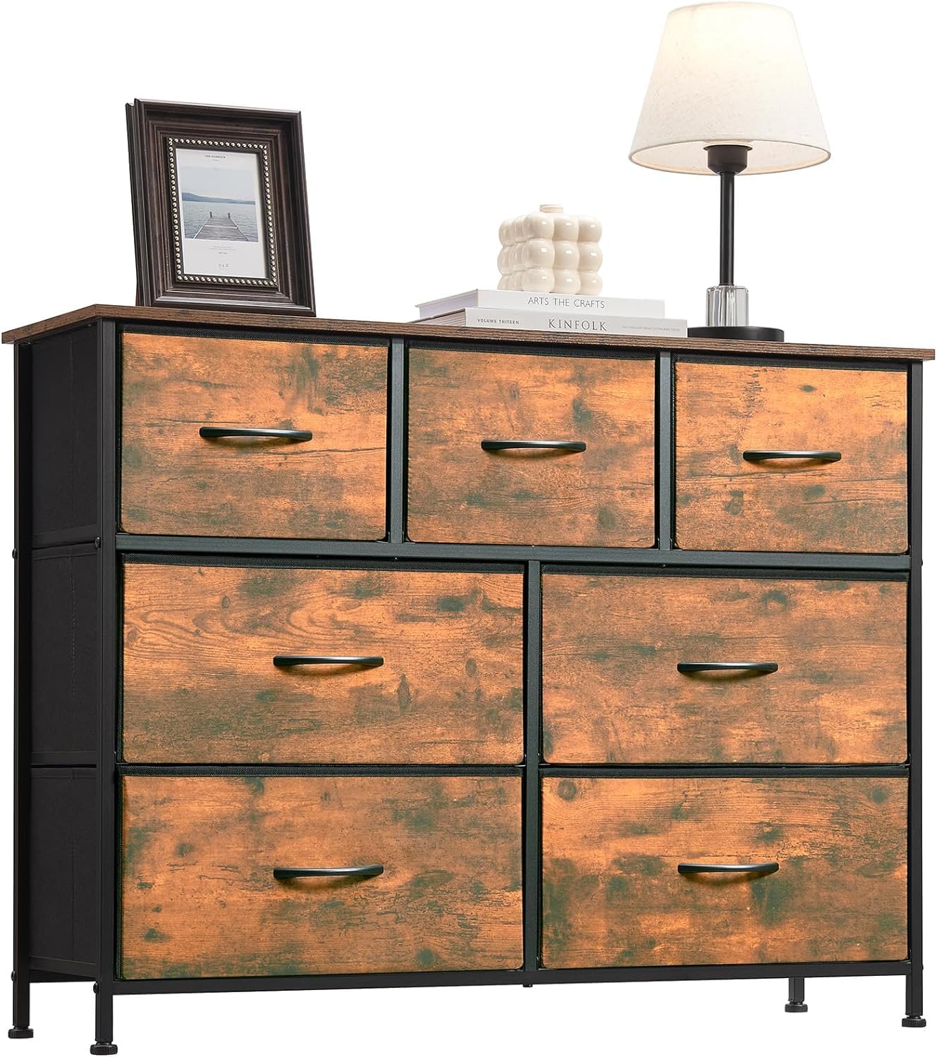 SKY-TOUCH Storage Cabinet : Bedroom Dresser with 7 Drawers Wide Storage Chest with Removable Fabric Bins Storage Organizer Unit for Living Room Entryway Hallway Nursery Kids Room (100*30*74CM Black/Brown)