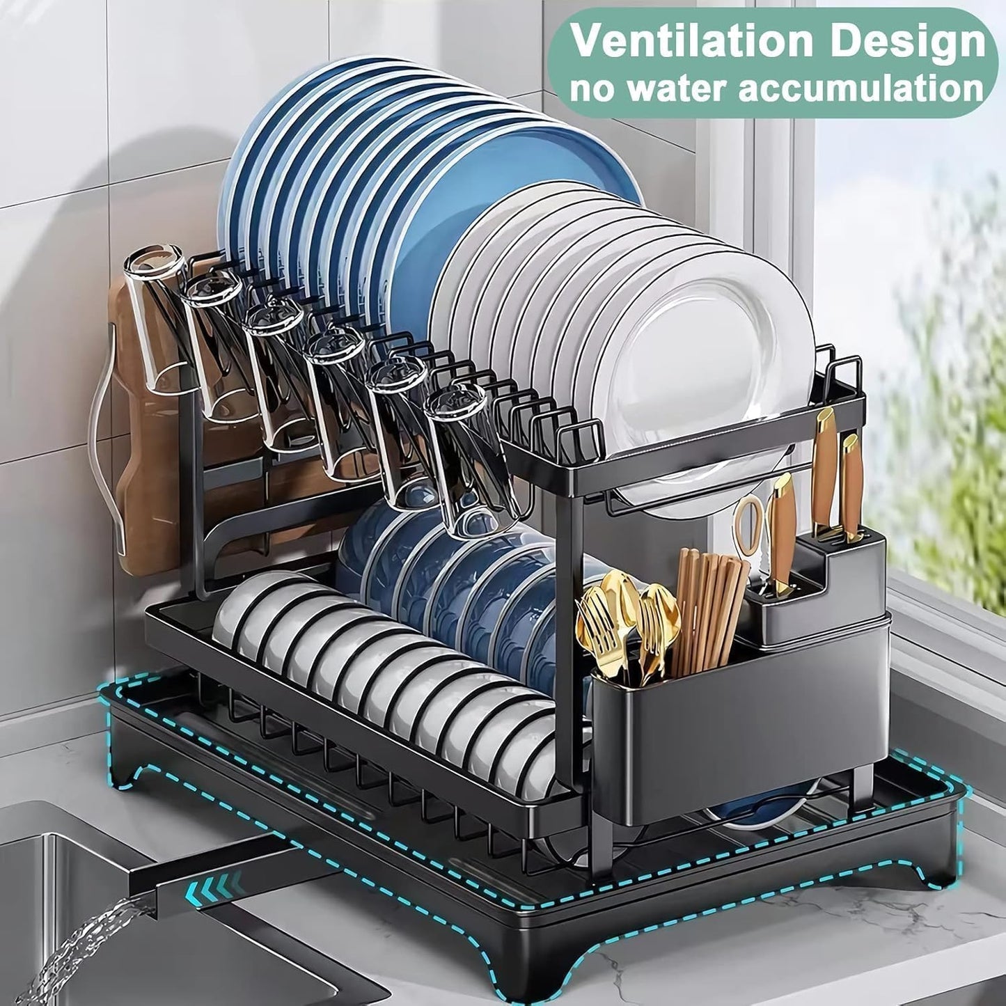 SKY-TOUCH 2-Tier Dish Drying Rack – Save Space Dish Rack with Utensil Holder, Cutting Board Holder & Drainboard Tray | Large Capacity, Rustproof Kitchen Drainer,42 * 30 * 29cm,Black