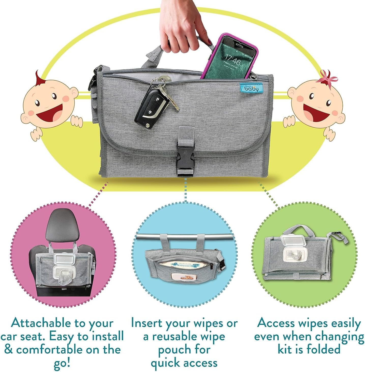 SKY-TOUCH Baby Portable Diaper Changing Mat,Waterproof Travel Change Mat,with Wipes Pocket, Smart Design Portable Changing Mat, Infant Travel Station Kit, Gift for Newborn Girl & Boy - Grey