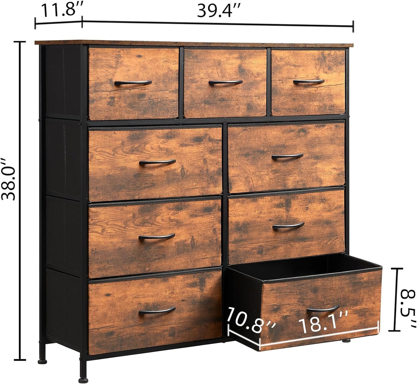 SKY-TOUCH Storage Cabinet : Bedroom Dresser with 9 Drawers Wide Storage Chest with Removable Fabric Bins Storage Organizer Unit for Living Room Entryway Hallway Nursery Kids Room (100*30*96CM Black/White)