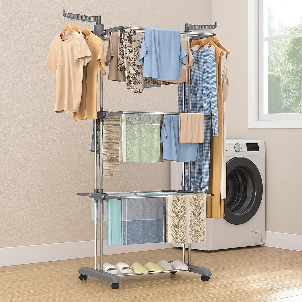 SKY-TOUCH 4 Tier Foldable Clothes Drying Rack, Laundry Drying Rack with Two Side Wings, Movable Drying Rack with 4 castors, 24 Drying Poles & 14 Hooks, Space-Saving, for Bed Linen, Clothing - Grey
