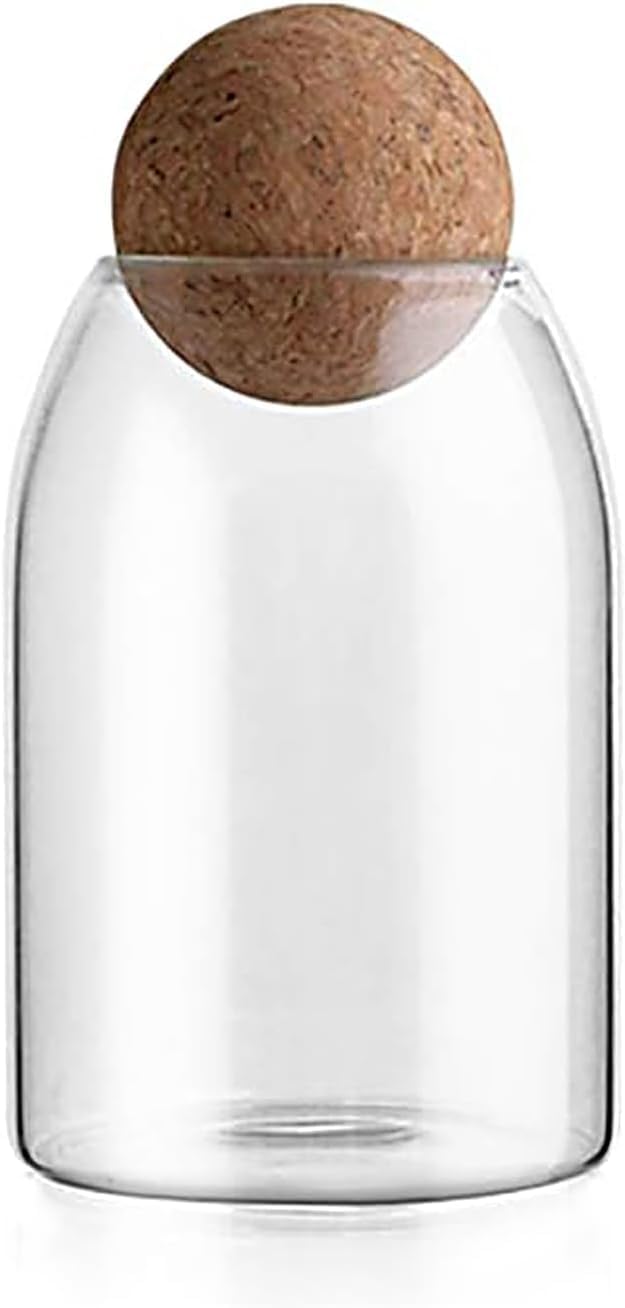 SKY-TOUCH 3-Pack 800ML Glass Storage Jars with Ball Cork Lid – Airtight Sealed Canister for Food, Spices, Coffee, Tea, and More – Decorative Glass Organizer with Wooden Lid