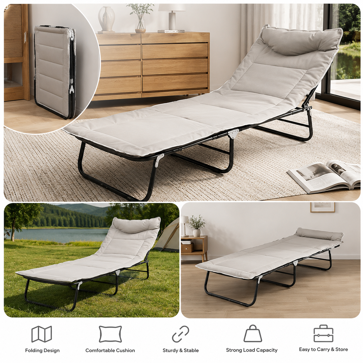 SKY-TOUCH Portable Folding Camping Cot, Adjustable Adults Reclining Lounge Chairs With Pillow, Sleeping Cots for Adults for Bedroom, Office, Camp, No Assembly Required