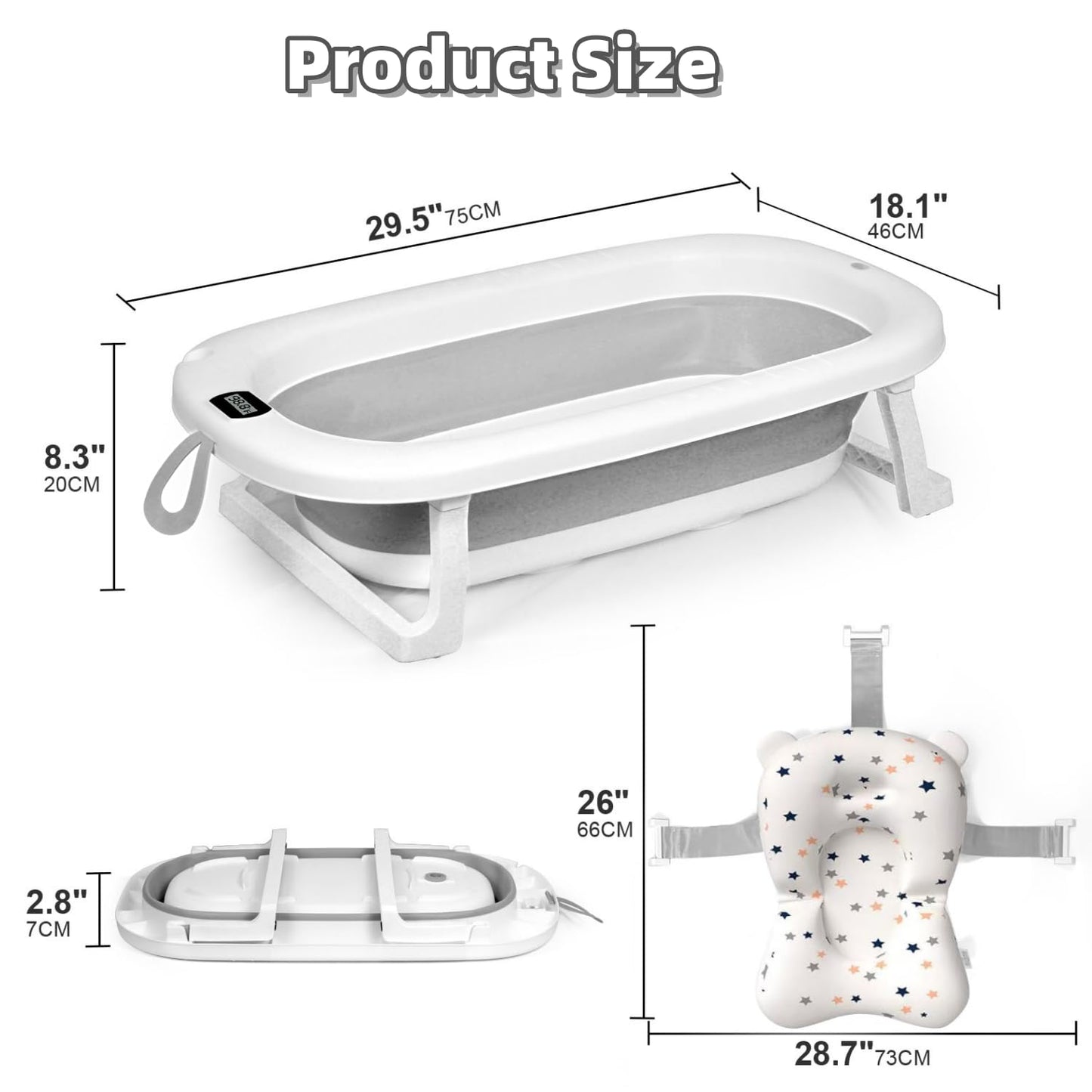 SKY-TOUCH Baby Foldable Bathing Tubs with Soft Bathmat Cushion & Thermometer, NewBorn Babybath Tub with Drain Hole, Non-Slip Support Leg for 0-6 Years Boy Girl (Grey)