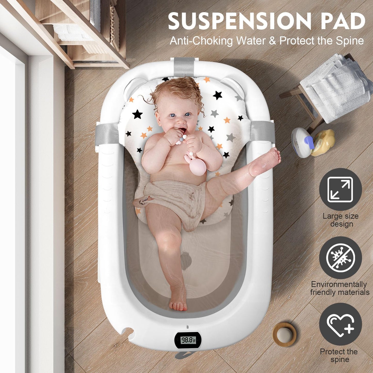 SKY-TOUCH Baby Foldable Bathing Tubs with Soft Bathmat Cushion & Thermometer, NewBorn Babybath Tub with Drain Hole, Non-Slip Support Leg for 0-6 Years Boy Girl (Grey)