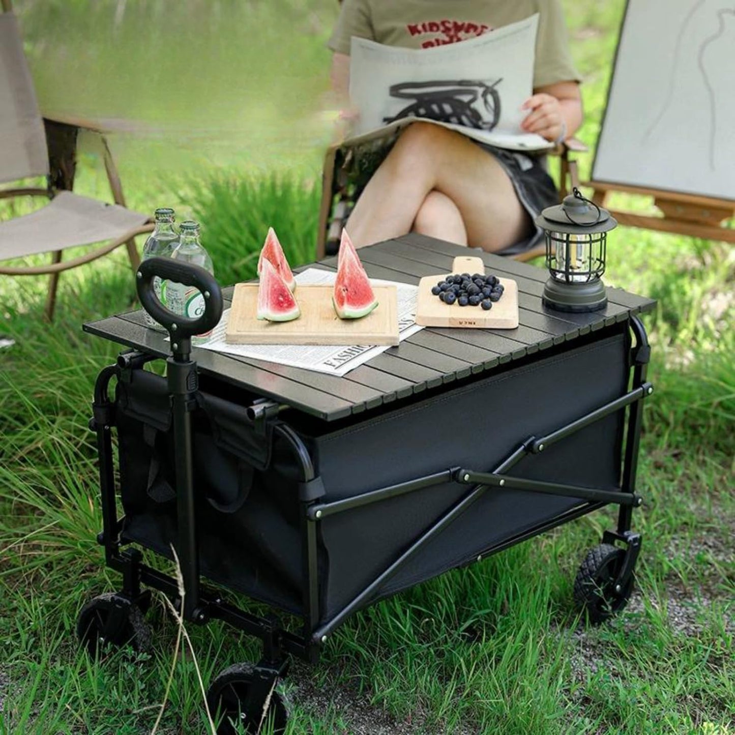 SKY-TOUCH Garden Cart Folding Trolley Cart Outdoor Wagon Collapsible with Removable Fabric Festival Garden Camping Picnic Cart Supports Max 100kg Portable Transport Trailer (Black)