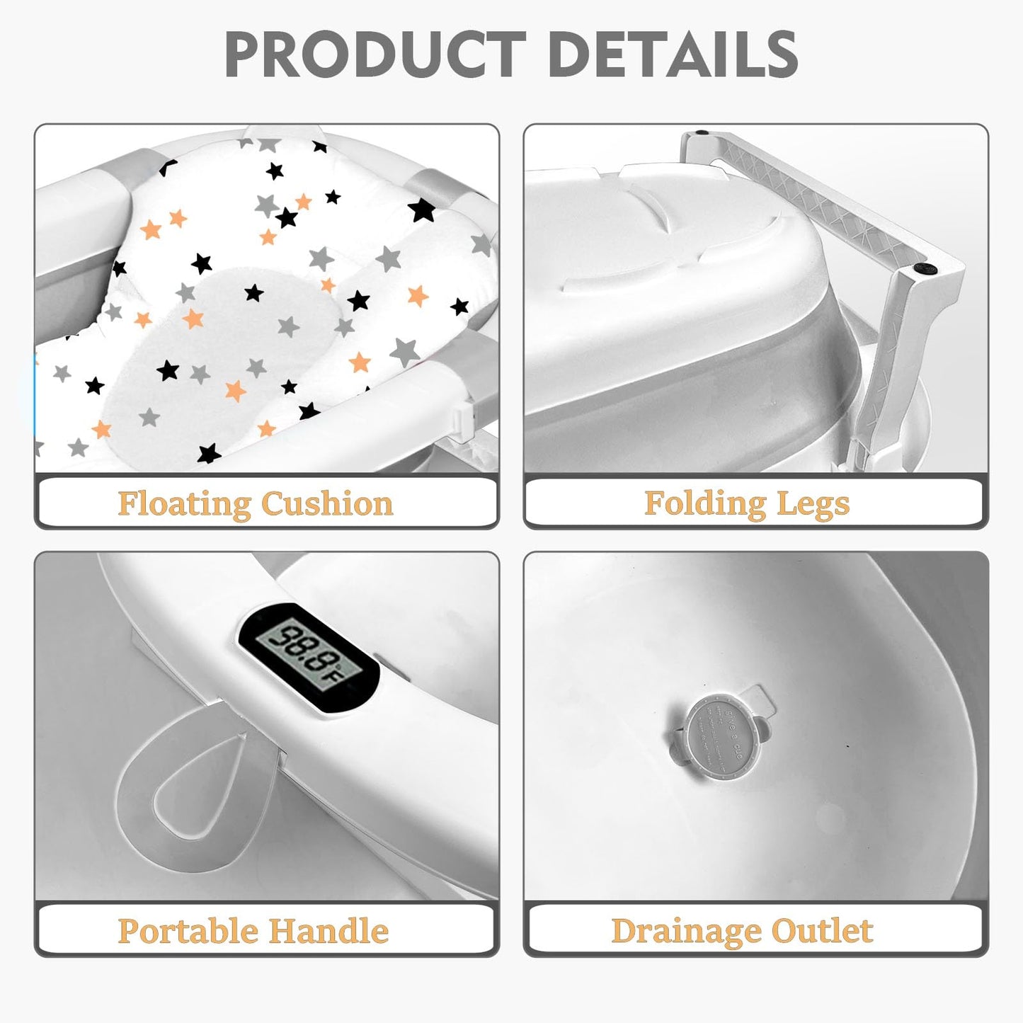 SKY-TOUCH Baby Foldable Bathing Tubs with Soft Bathmat Cushion & Thermometer, NewBorn Babybath Tub with Drain Hole, Non-Slip Support Leg for 0-6 Years Boy Girl (Grey)