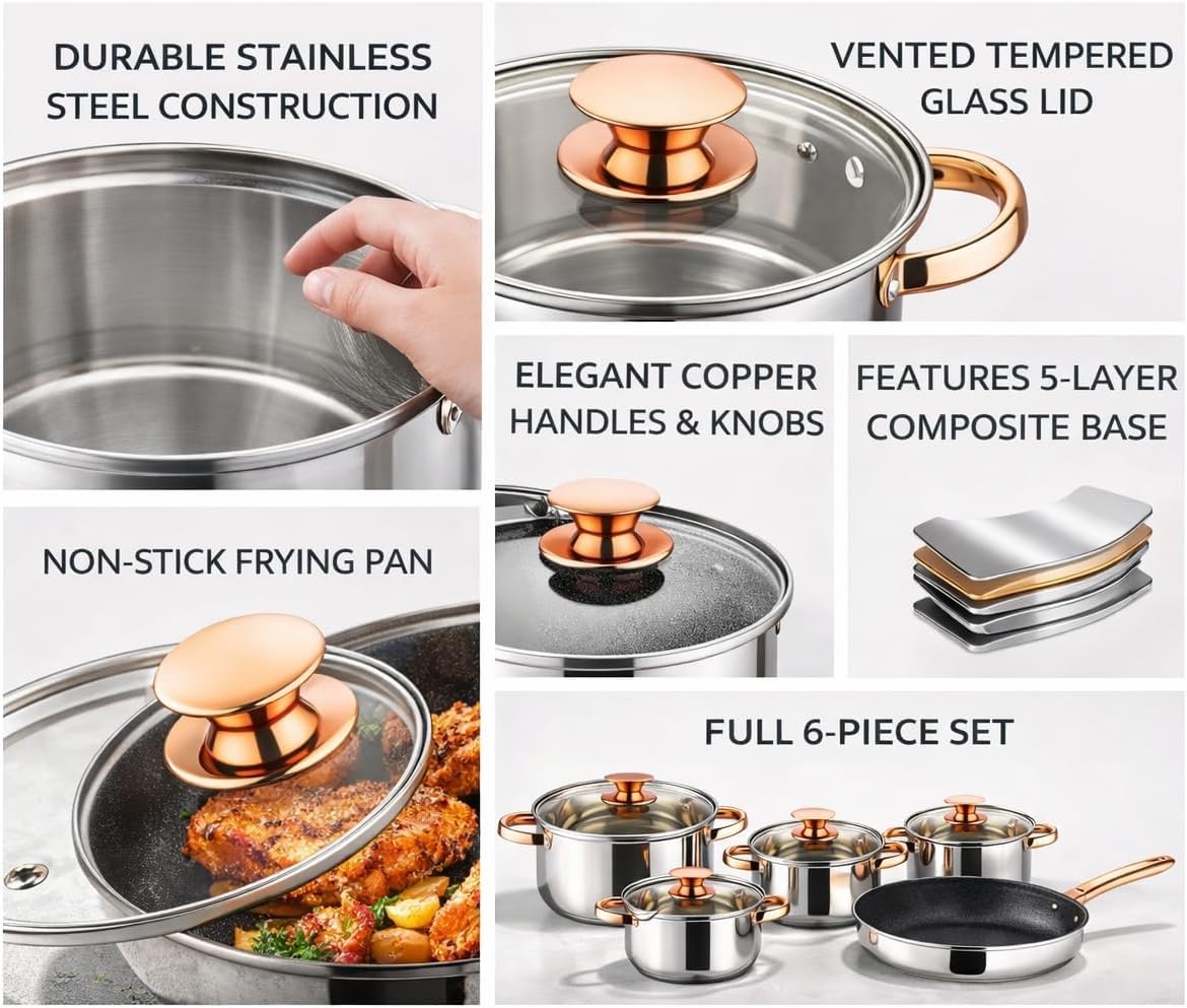 SKY-TOUCH 12PCS Stainless Steel Cookware Set, Multipurpose Pots & Pans Setve with Tempered Glass Lids Fast Heating & Easy to Clean Kitchen Essentials for Cooking (Golden Brown)