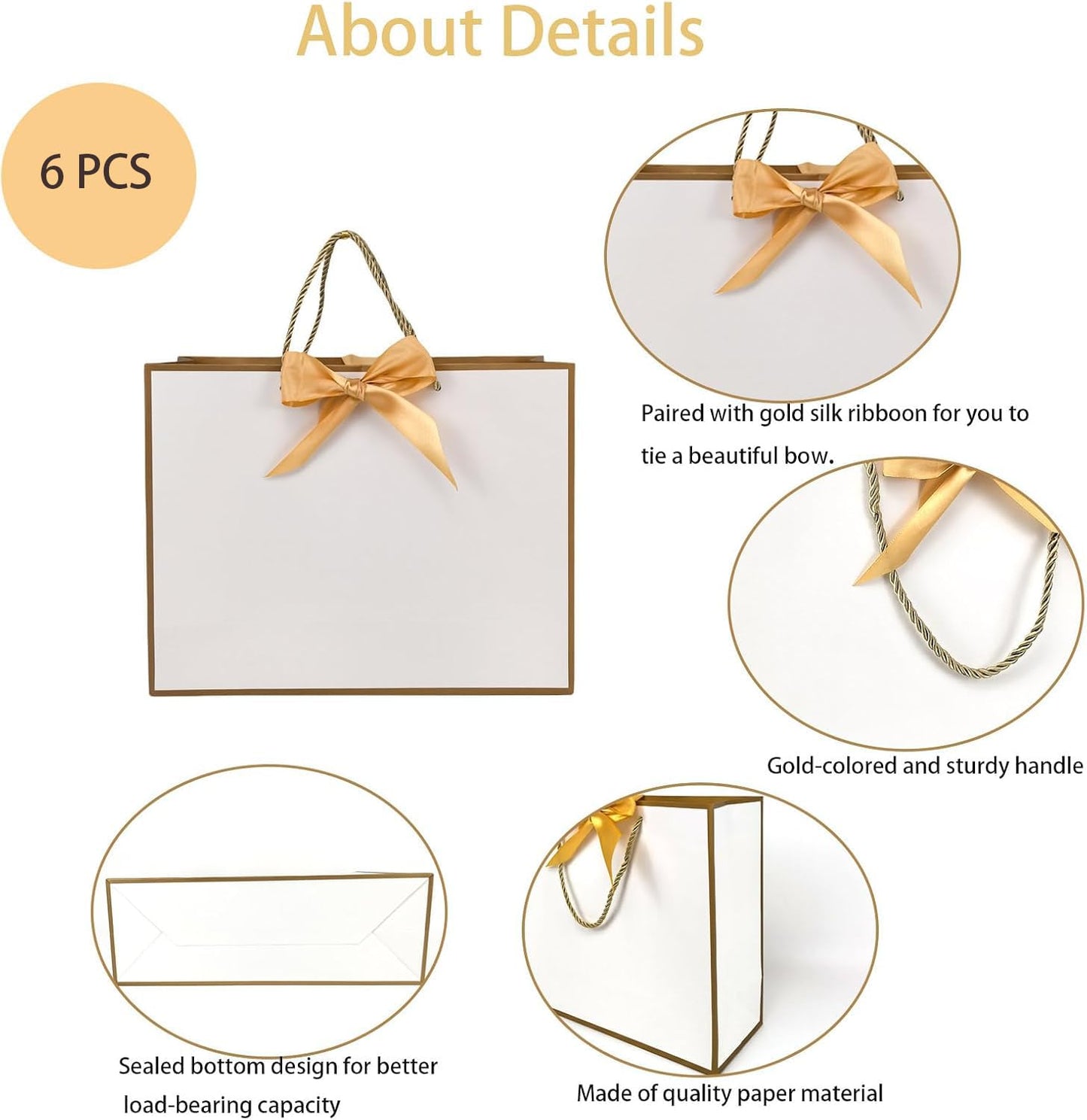 SKY-TOUCH 6-Piece White Gift Bag Set with Gold Trim – Includes 6 Gold Ribbons, 6 Greeting Cards, and 12 Matching White Tissue Sheets (28 × 10 × 20 cm)