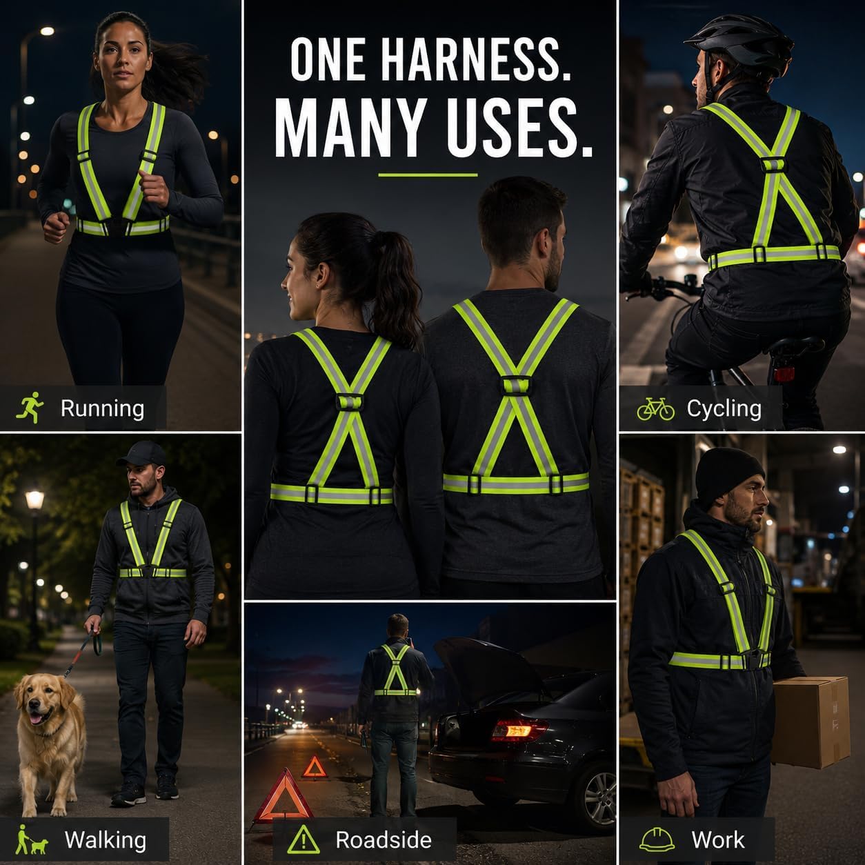 SKY-TOUCH Reflective Safety Harness/Elastic Safety Vest—Designed for Walking, Jogging, and Hhiking Lightweight Breathable and Adjustable Elastic Strap Width: 4 cm Reflective Strip Width: 1.5 cm Green