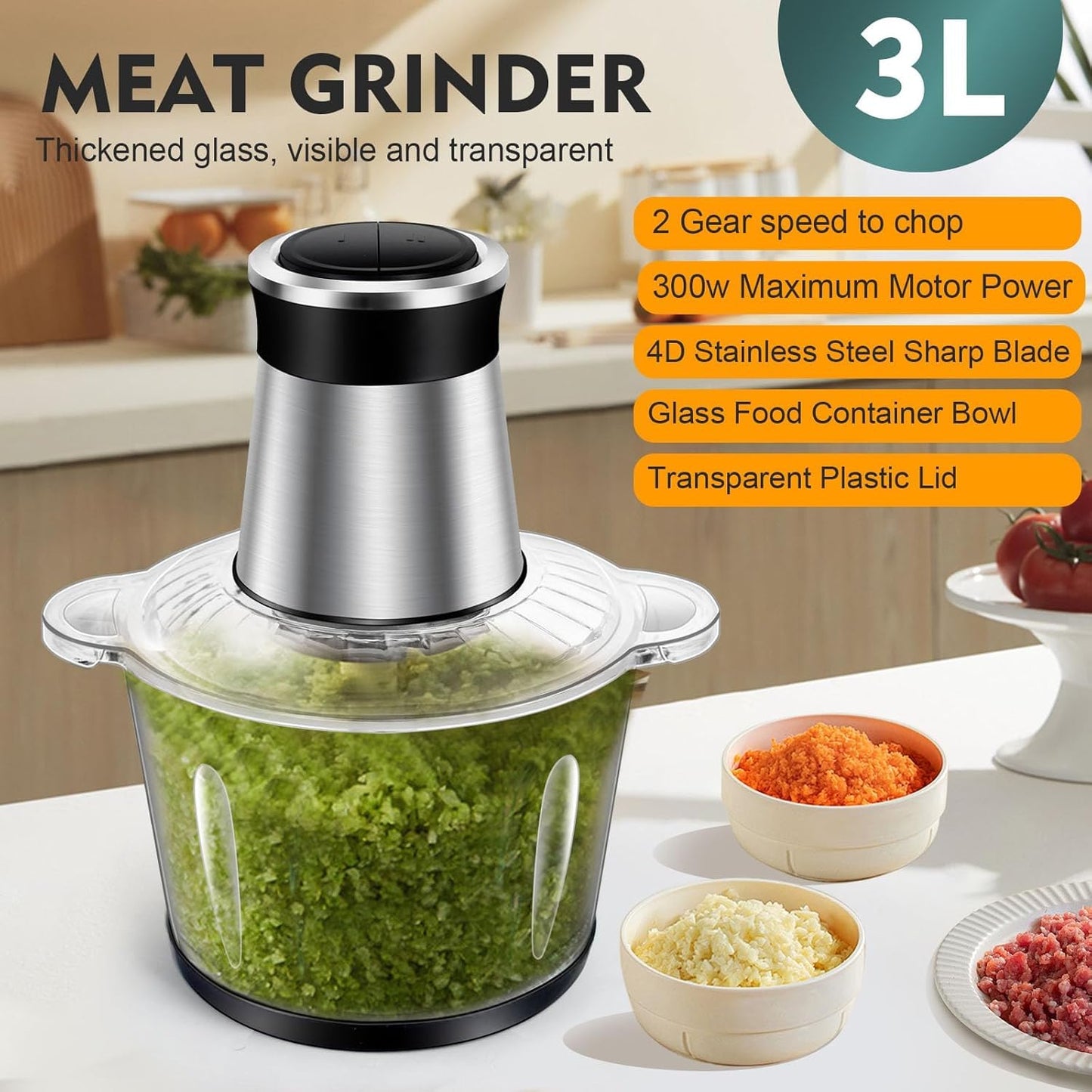 SKY-TOUCH Multi Chopper & Mincer,500W Food Grinder Chopper,2 Speed,6 Detachable SS Blades,for Chopping, Ice Crushing, Meat Mincing, Grinding, Pureeing,Anti Slip Ring,3L Working Capacity