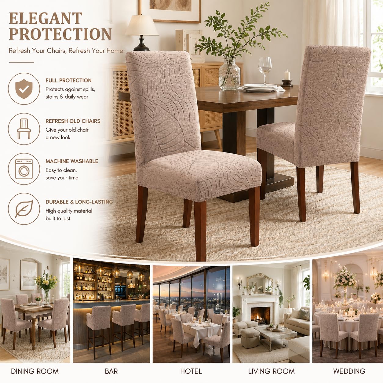 SKY-TOUCH 2 PCS Dining Chair Slipcovers, Stretch Dining Room Chair Covers, Removable Washable Chair Protectors, Dustproof Chair Covers for Home, Kitchen, Restaurant, Hotel (Sand)