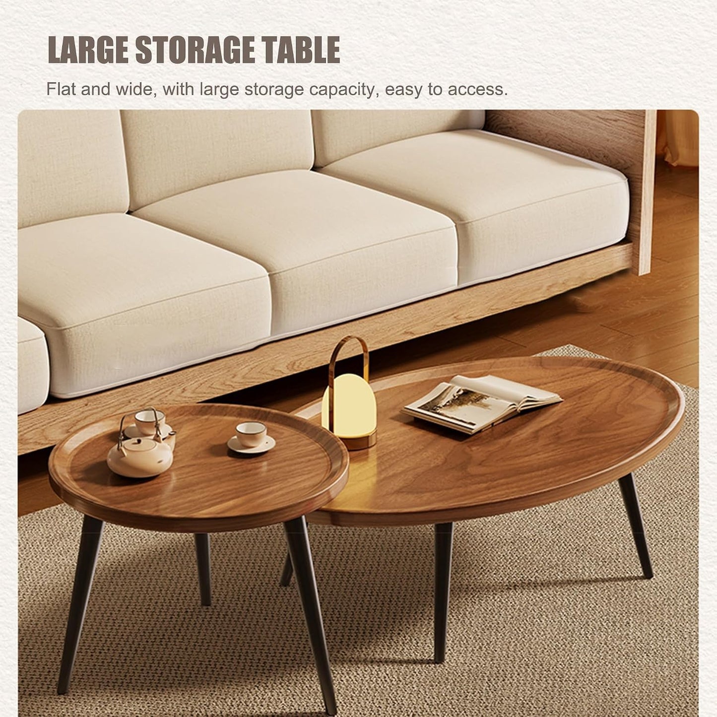 SKY-TOUCH Wooden Coffee Table Set – Modern Style Side Tables; Features Spacious Tabletops And Non-slip Tray Designs, With Steel Frames And Wooden Structures 50 x 50 x 47.5 cm & 80 x 55 x 38 cm