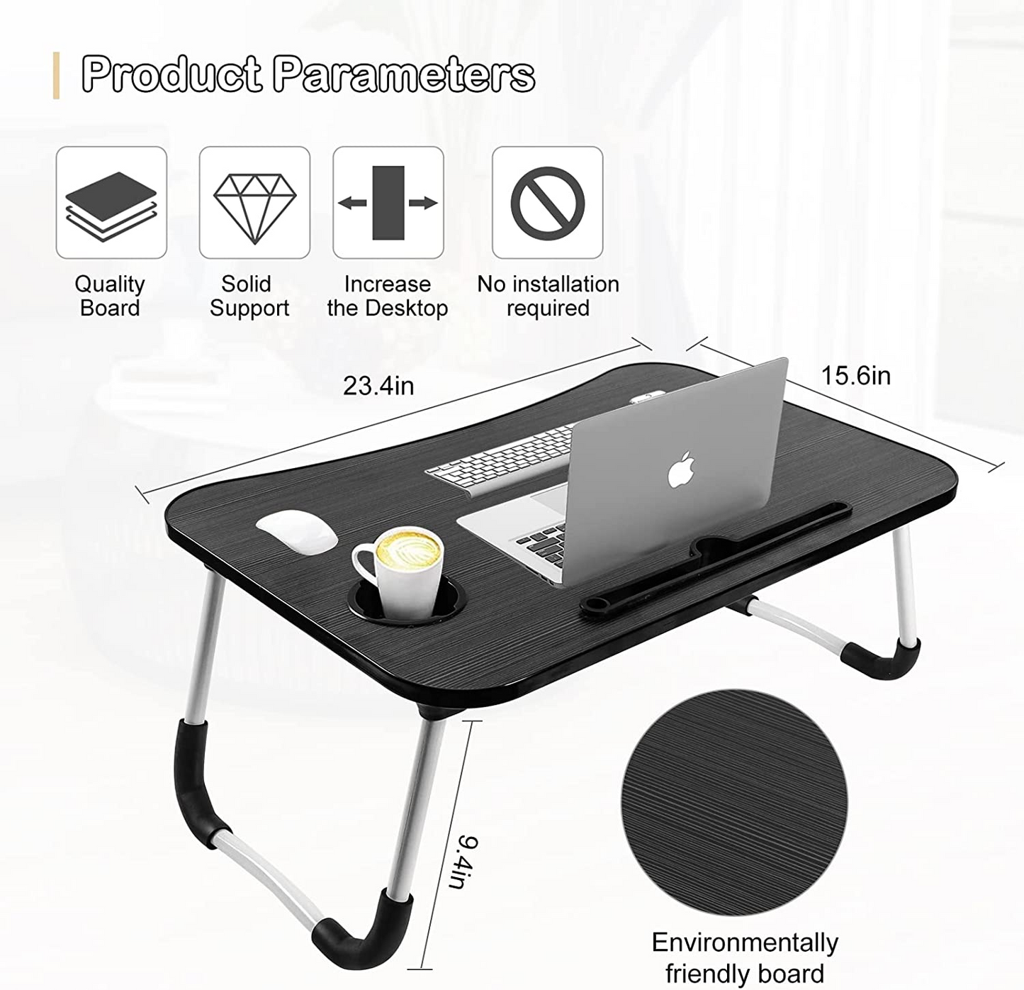 SKY-TOUCH Portable Folding Laptop Desk for Bed,With iPad and Cup Holder Adjustable Lap Tray Notebook Stand, Foldable Non-Slip Legs Reading Table Tray for working,studying,camping 60x40x28cm Black