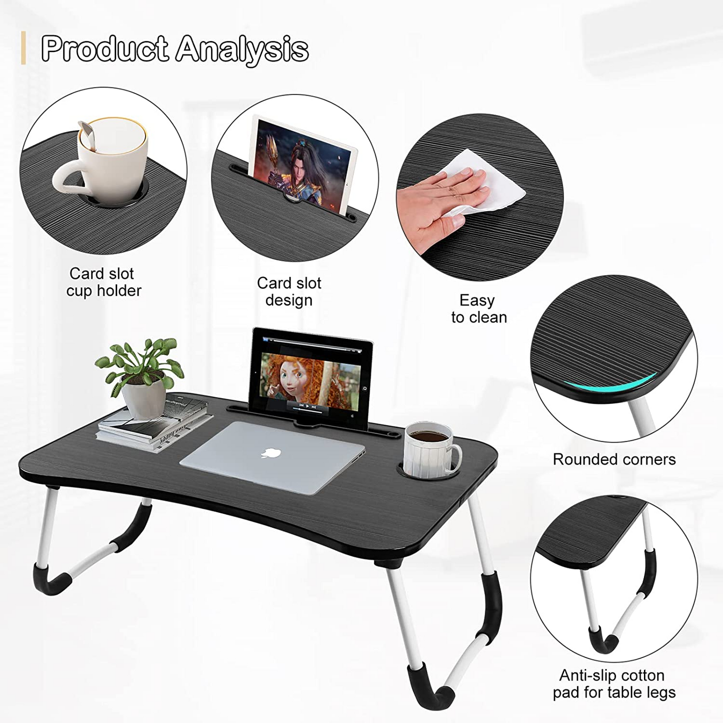 SKY-TOUCH Portable Folding Laptop Desk for Bed,With iPad and Cup Holder Adjustable Lap Tray Notebook Stand, Foldable Non-Slip Legs Reading Table Tray for working,studying,camping 60x40x28cm Black
