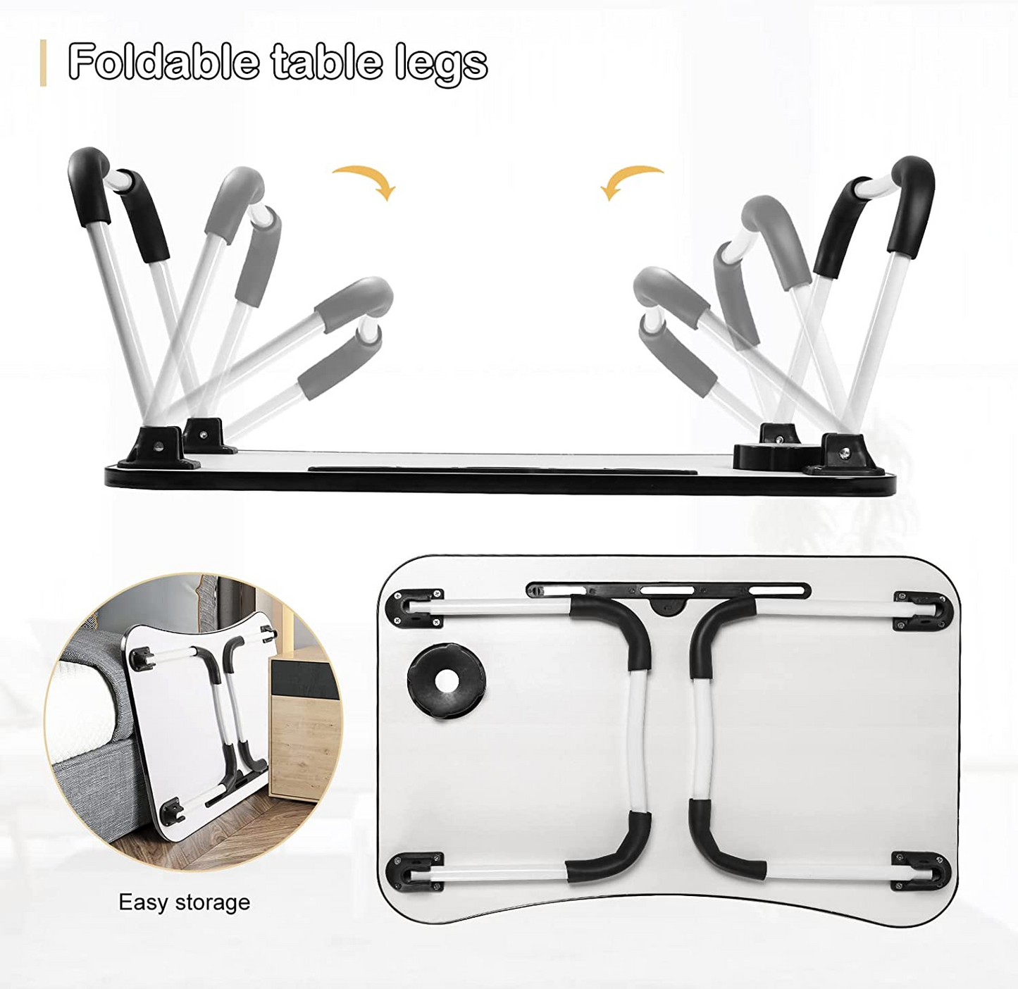 SKY-TOUCH Portable Folding Laptop Desk for Bed,With iPad and Cup Holder Adjustable Lap Tray Notebook Stand, Foldable Non-Slip Legs Reading Table Tray for working,studying,camping 60x40x28cm Black