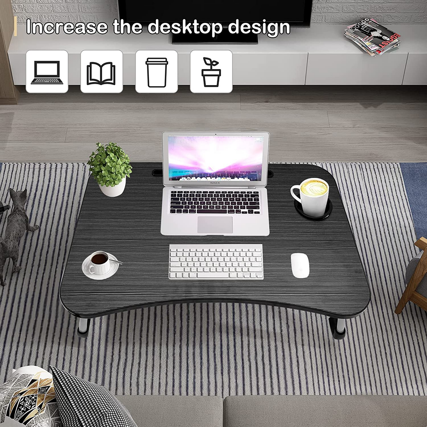 SKY-TOUCH Portable Folding Laptop Desk for Bed,With iPad and Cup Holder Adjustable Lap Tray Notebook Stand, Foldable Non-Slip Legs Reading Table Tray for working,studying,camping 60x40x28cm Black