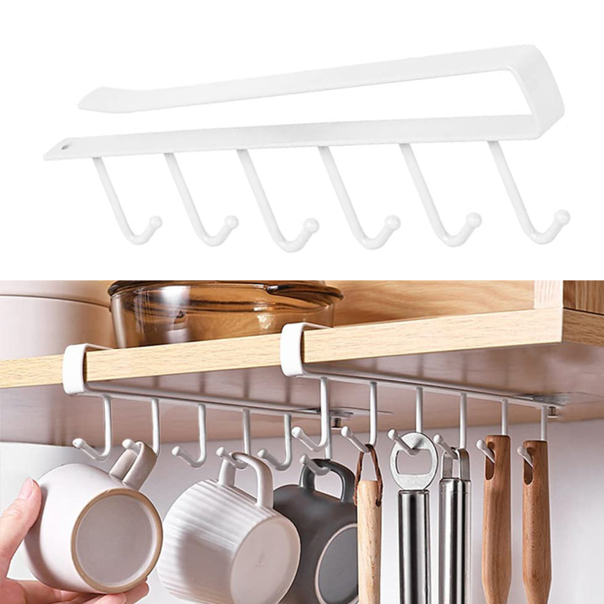 300pcs  Cup Holder Under Cabinet ,Multifunction Kitchen Drilling Free Coffee Cups Holder Hanger for Cups/Kitchen Utensils/Ties Belts/Scarf/Keys Storage Rack Cupboard Shelf Hanging Hook,White
