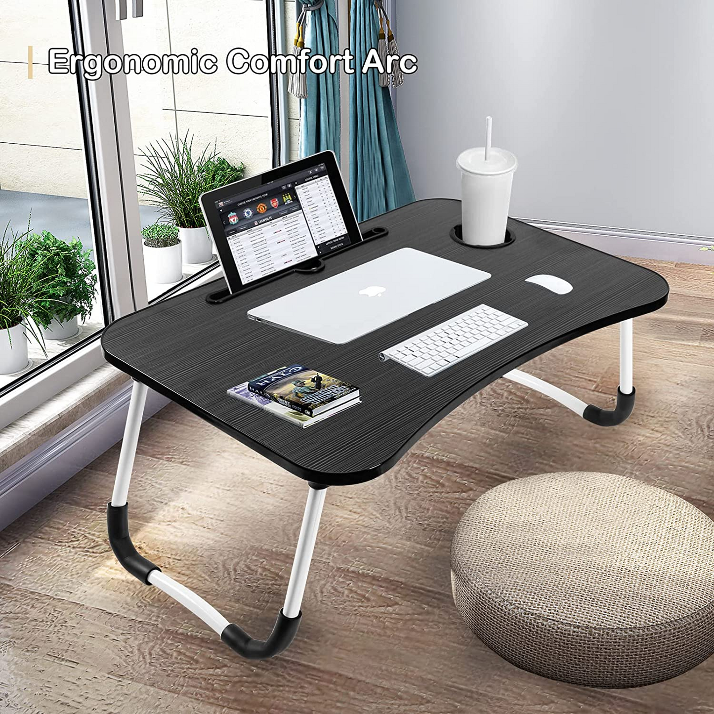 SKY-TOUCH Portable Folding Laptop Desk for Bed,With iPad and Cup Holder Adjustable Lap Tray Notebook Stand, Foldable Non-Slip Legs Reading Table Tray for working,studying,camping 60x40x28cm Black