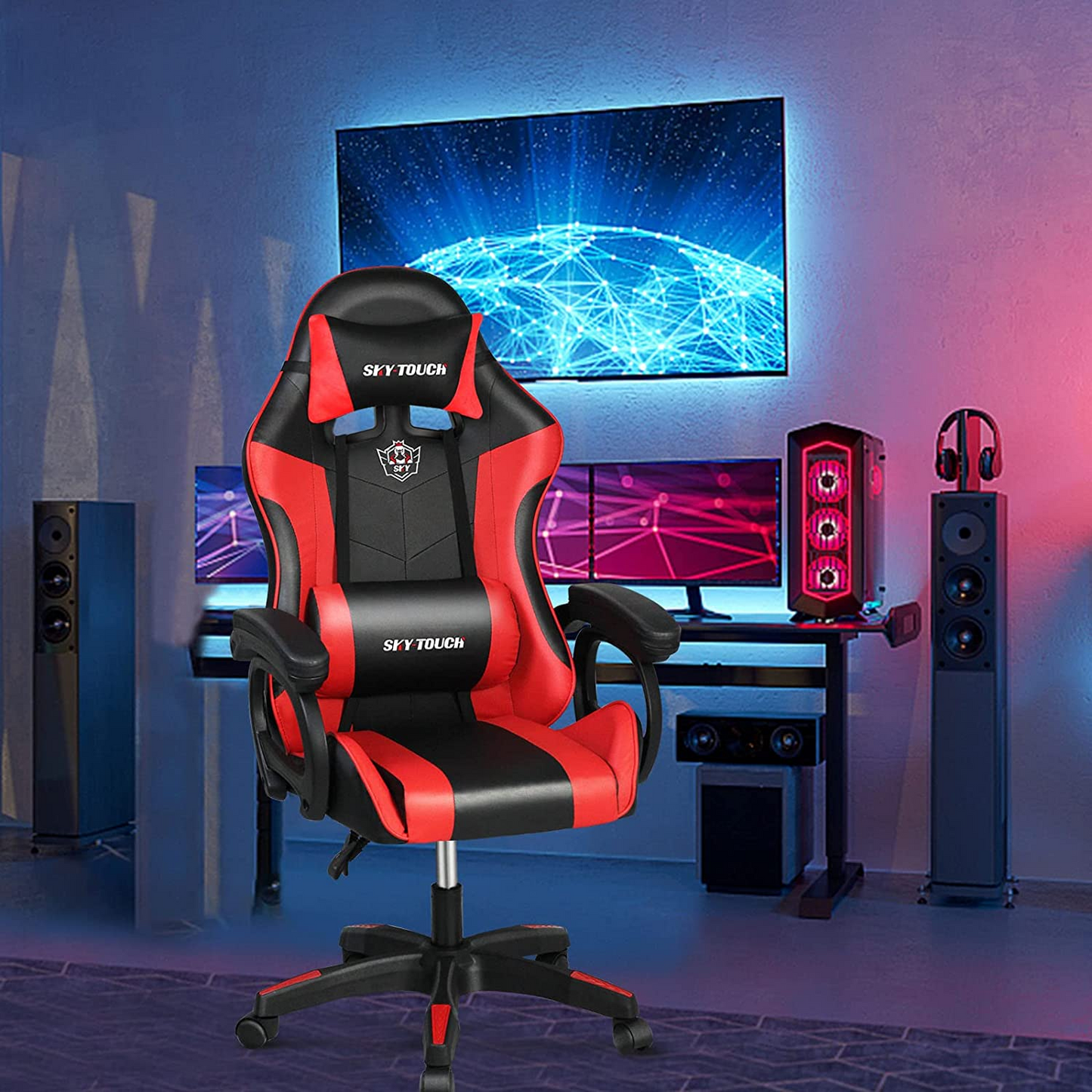 SKY-TOUCH Gaming Chair,Adjustable Computer Chair Pc Office Pu Leather High Back, Ergonomic design Lumbar Support,Comfortable Armrest Headrest