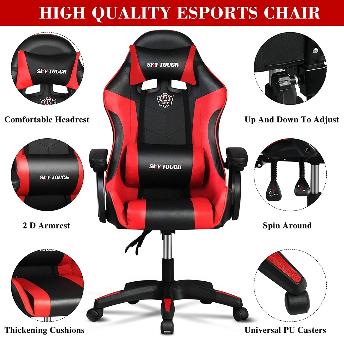 SKY-TOUCH Gaming Chair,Adjustable Computer Chair Pc Office Pu Leather High Back, Ergonomic design Lumbar Support,Comfortable Armrest Headrest