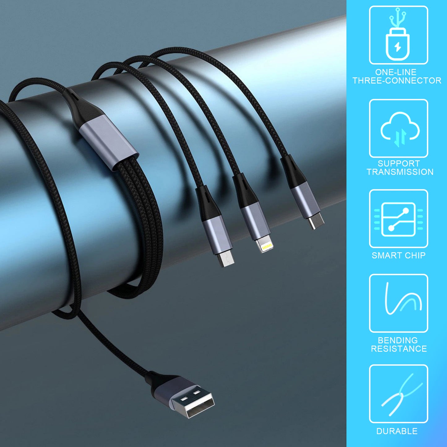 كابلات شاحن هاتف USB 3 في 1 من SKY-TOUCH، كابل شحن غير قابل للكسر من النايلون المضفر السريع 5 أمبير، سلك شحن عالمي متعدد المنافذ مع موصل USB C/Micro USB/IOS للهواتف