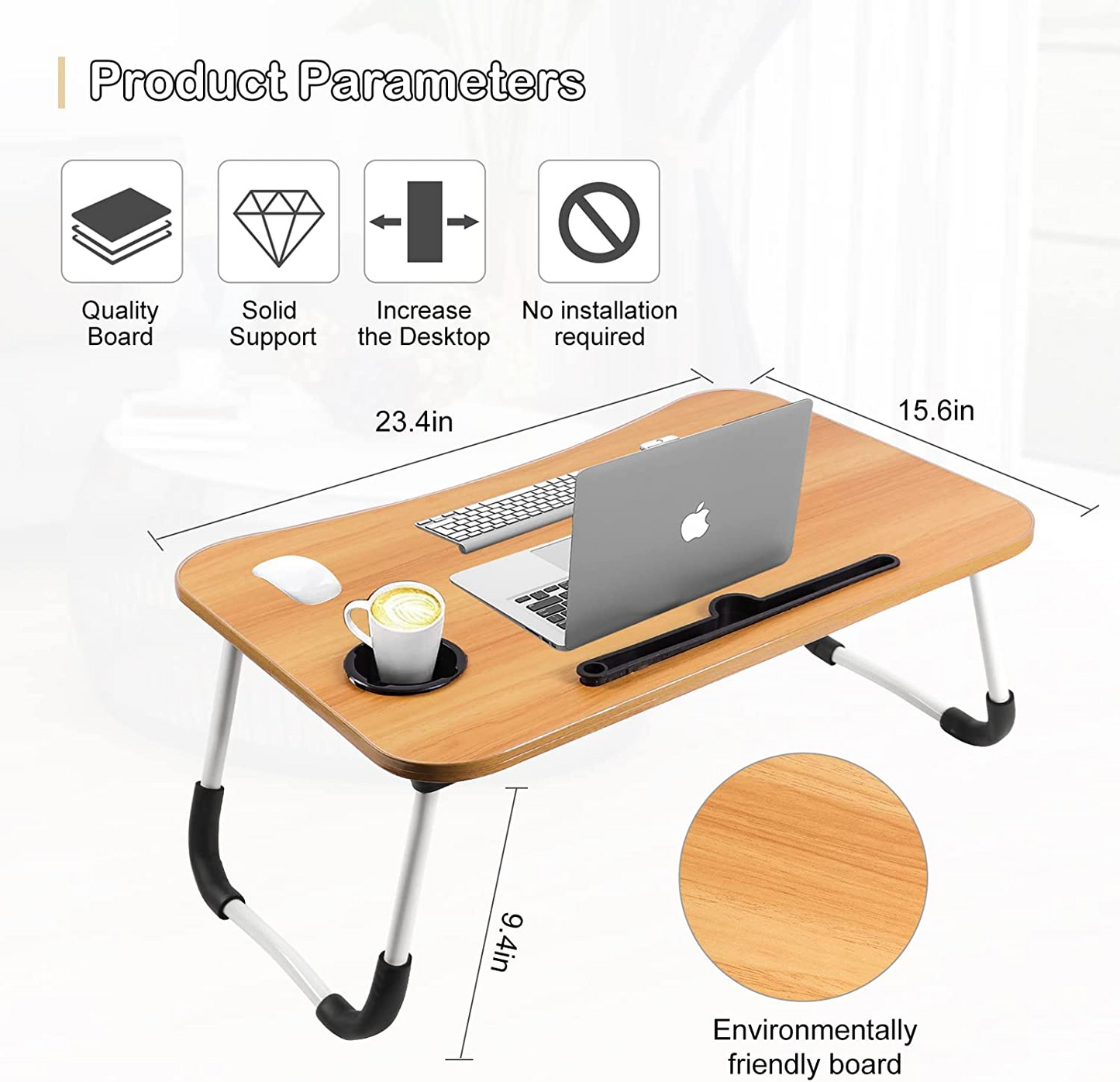 SKY-TOUCH Portable Folding bed Table, Laptop Desk With ipad and Cup Holder Adjustable Lap Tray Notebook Stand,Foldable Non-slip Legs Reading Table Tray for working,studing,camping 60×40×28cm Beige