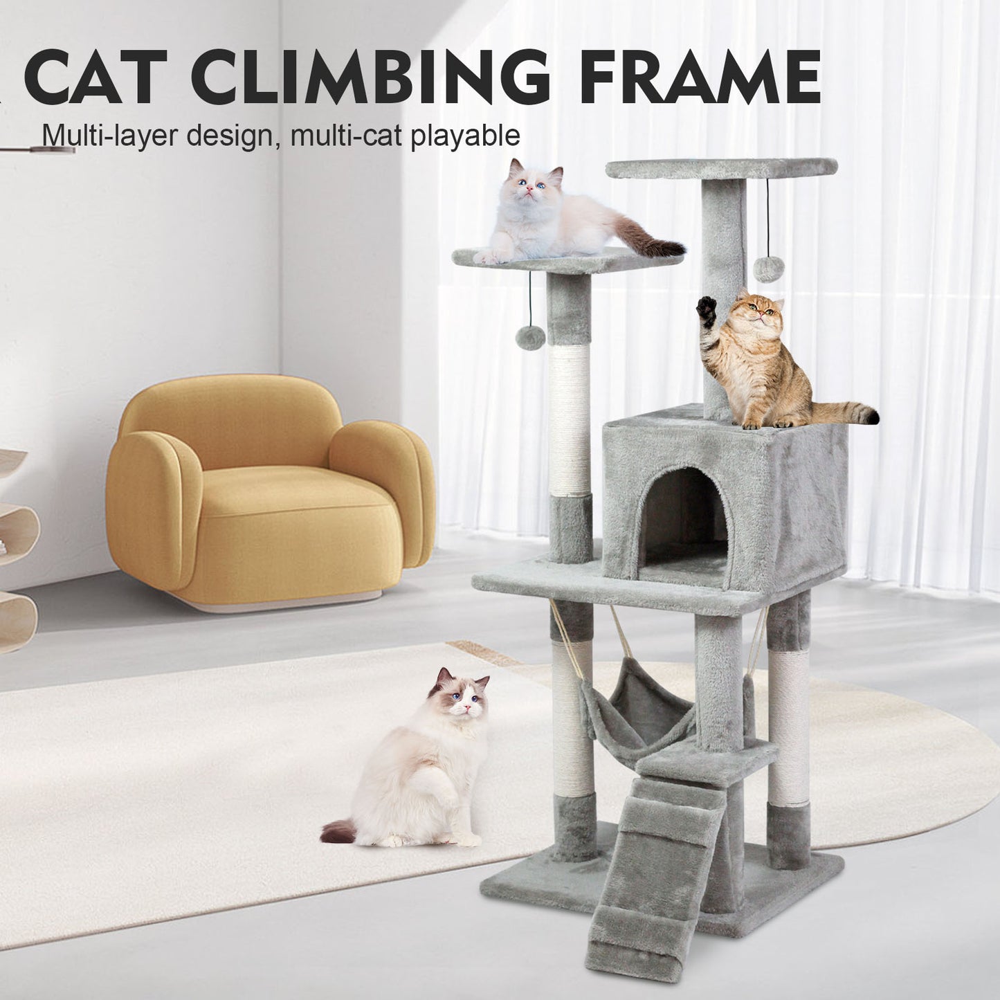 SKY-TOUCH Cat Tree Tower,Cat Condo with 4 Sisal Scratching Post,Activity Centre Cat Climbing Tree with Cat House,Hammock, Sisal Posts, Ladder, and Rest Place for Indoor Cat(120×54×30cm)Grey